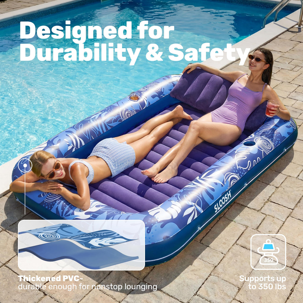 SLOOSH Inflatable Tanning Pool Lounger Float, 85" x 57" Extra Large Pool Floats Adult with Pillow, 4 in 1 Suntan Tub Raft Floatie,Sunbathing Bed Lounge for Water Blow Up Ball Pit Party Gifts, XL-Blue