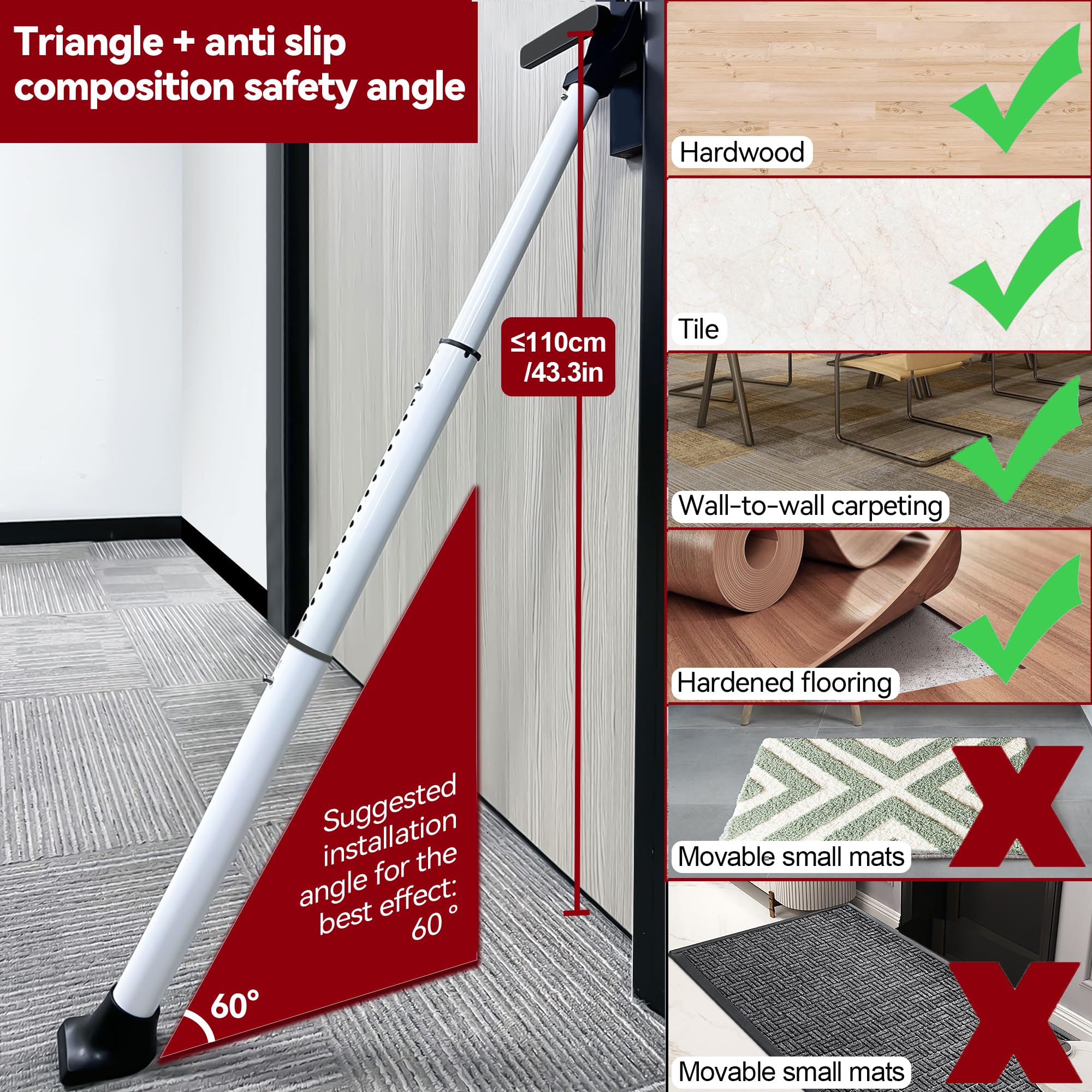 AceMining Upgraded Door Security Bar & Sliding Patio Bar, Heavy Duty Stoppers Adjustable Jammer for Home, Apartment, Travel (1 Pack,Grey)