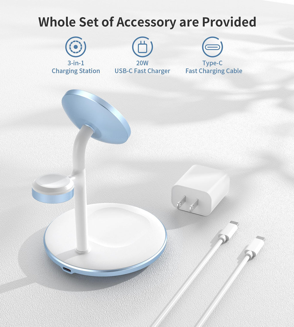 XooFly 3 in 1 Wireless Charging Station for Apple Devices, Fast Wireless Mag-Safe Charger Stand with 20W Adapter for iPhone 17/16 15 14 13 12 Pro Max/Pro/Plus/Air/Mini, iWatch, AirPods (Black)