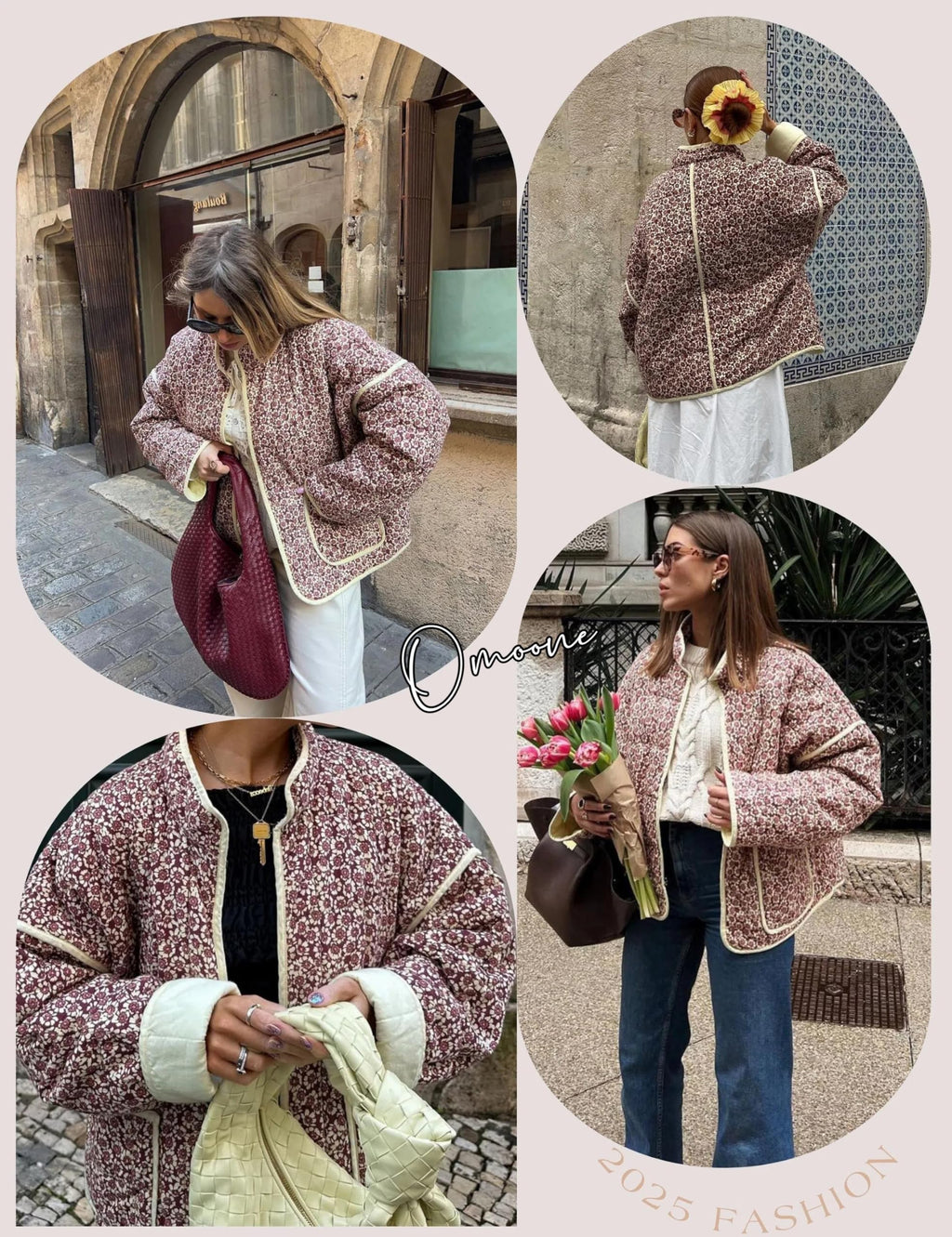 Omoone Women's Cropped Quilted Jacket Floral Printed LightWeight Padded Puffer Cardigan Coat Outwear