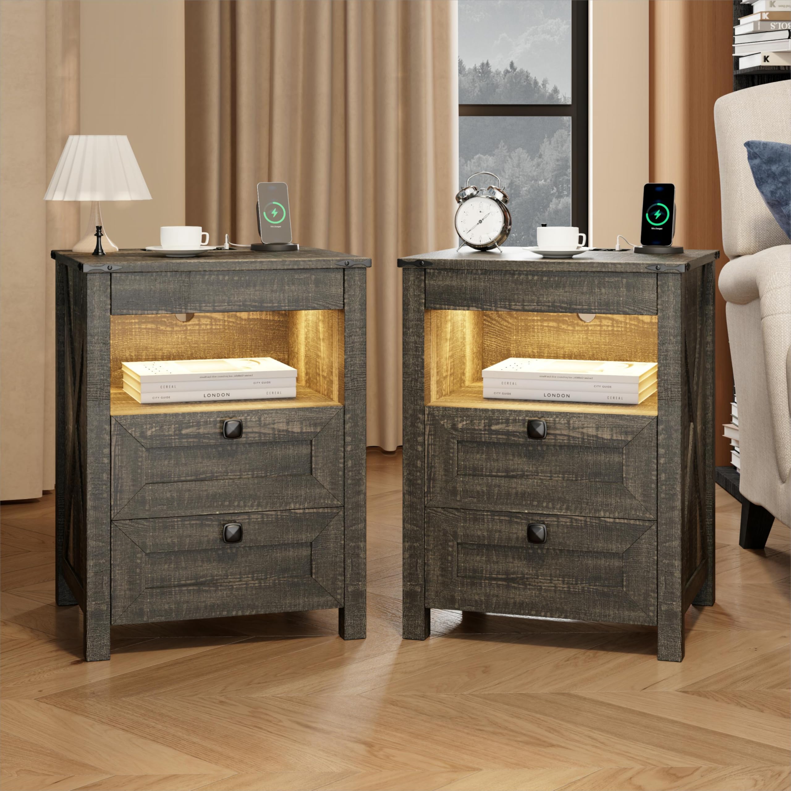 TAGELIER Farmhous Nightstand with Gun Drawer,Bedside Table with Charging Station, Gun Night Stand with LED Light & Human Sensor,Smart End Table for Bedroom, Black