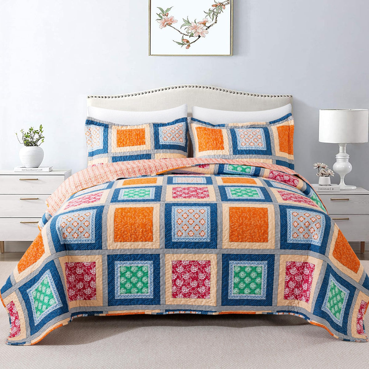 HoneiLife Quilt Sets Twin Size - 2 Piece Microfiber Quilts Reversible Bedspreads Patchwork Coverlets Floral Bedding Set All Season Quilts with Blue and White Porcelain Pattern