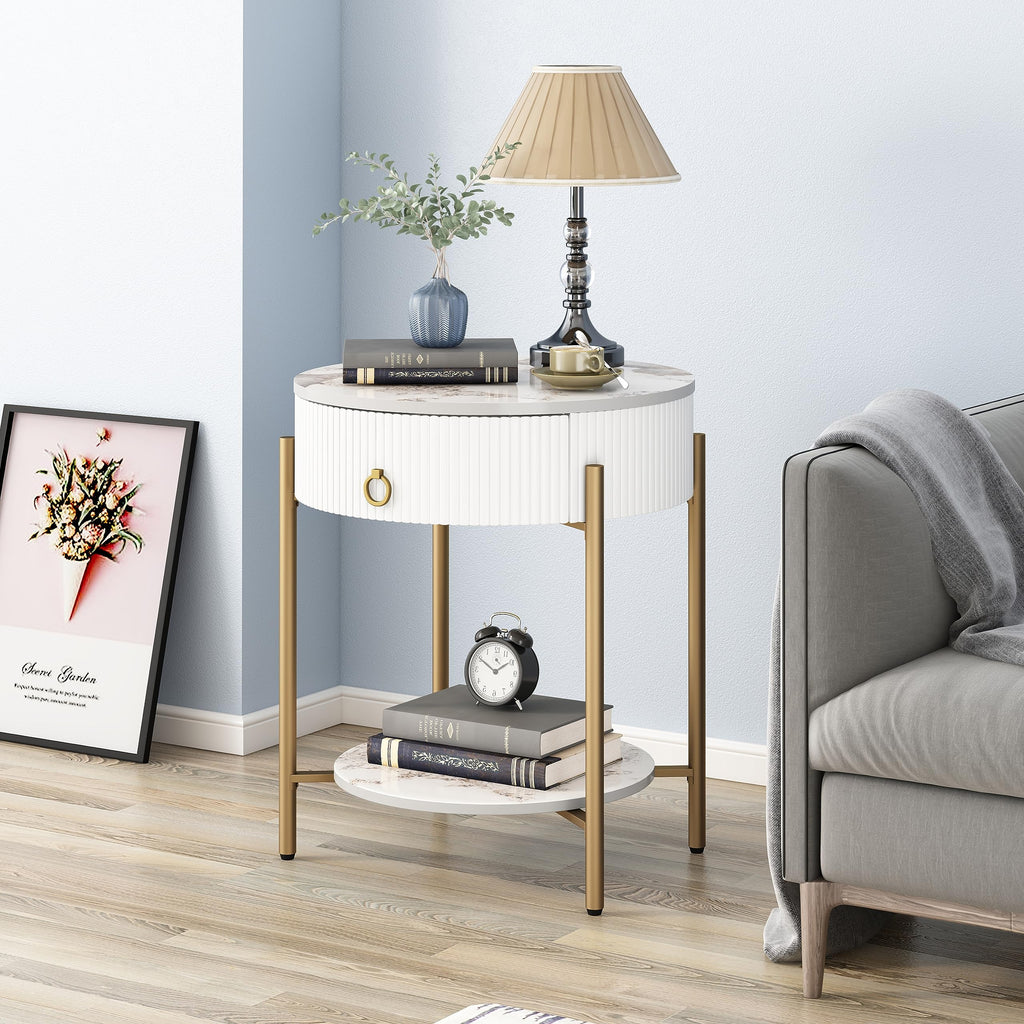 OIOG Modern Side Table with Drawer, Industrial 2 Tier End Table with Shelf, Wood Grain Nightstand with Storage for Living Room, Bedroom, Office, Dorm, Black