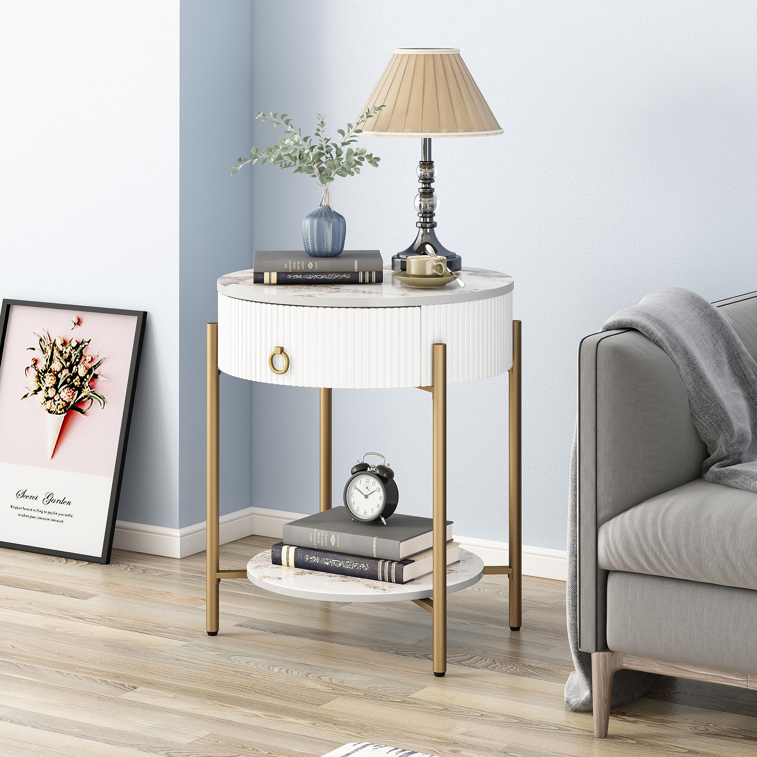 OIOG Modern Side Table with Drawer, Industrial 2 Tier End Table with Shelf, Wood Grain Nightstand with Storage for Living Room, Bedroom, Office, Dorm, Black