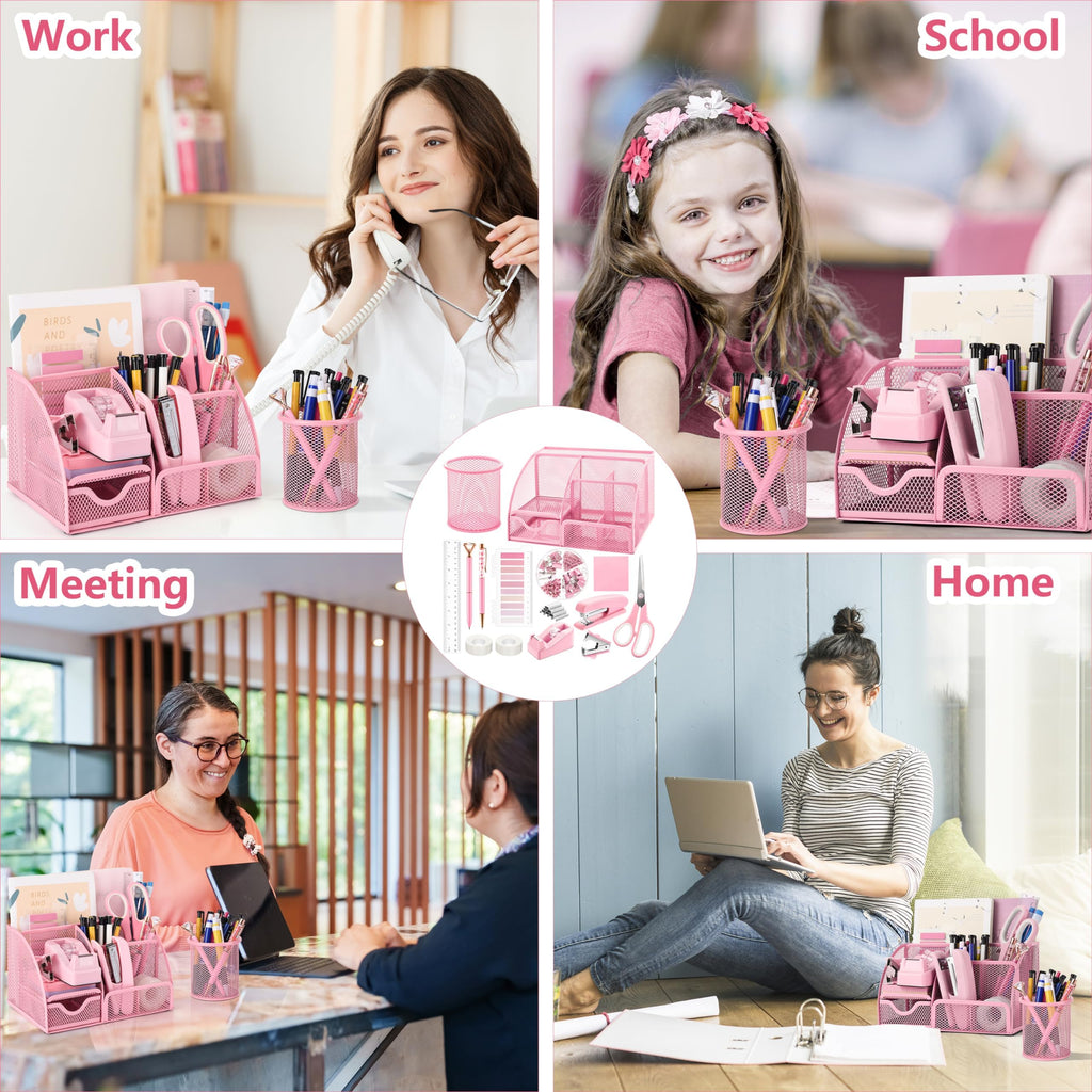 Fayoo 11 Pcs Pink Office Supplies Set Mesh Desk Organizer Accessories Kit include Stapler Tape Dispenser Staple Remover Clips Ruler Scissors Sticky Notes for Office School Home Women (Pink)