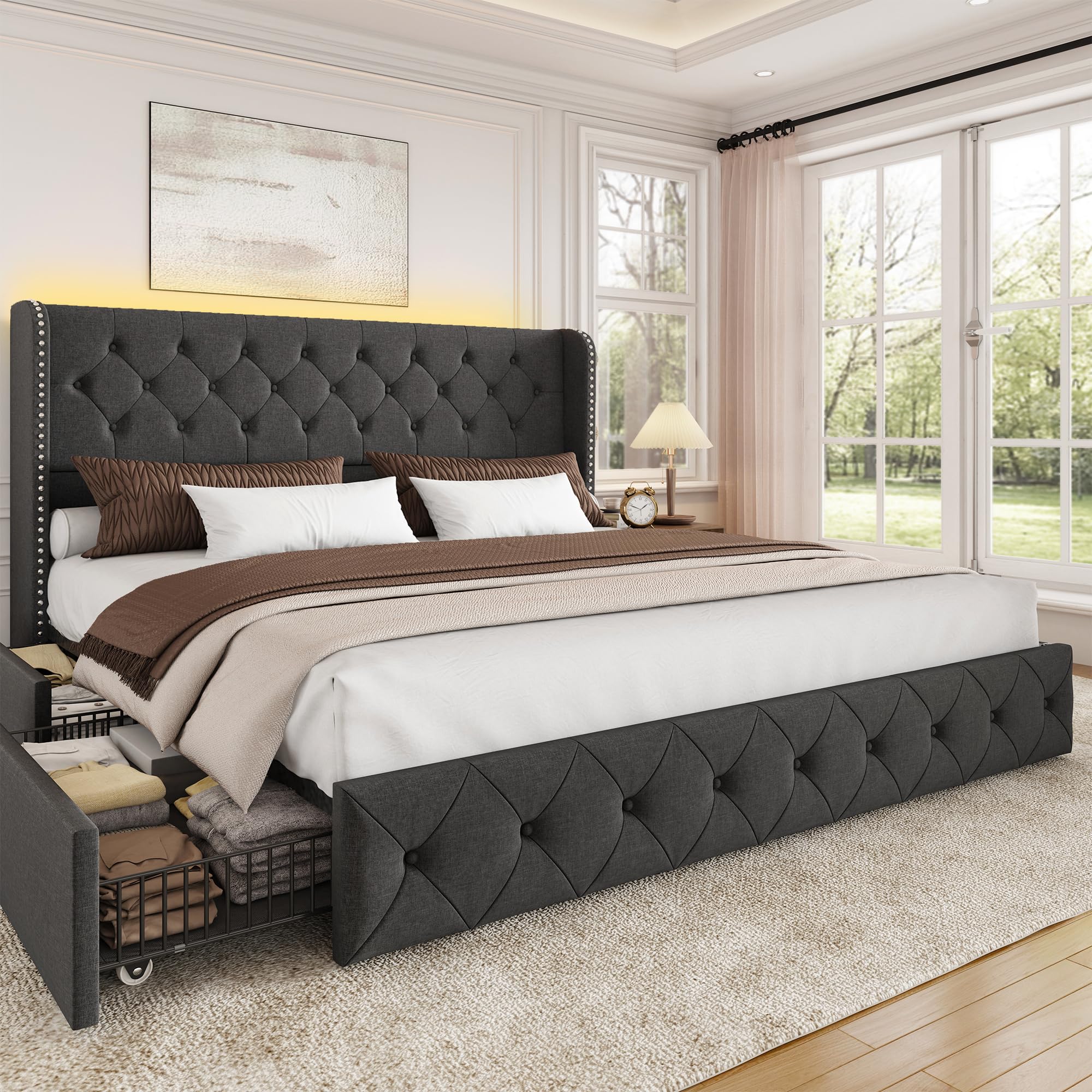 BRELTAM Full Size Bed Frame with Storage Drawers and Wingback Headboard Linen Upholstered Platform Bed Frame Tufted Beds with Heavy Duty Wood Slats, Noise Free, Easy Assembly, Beige