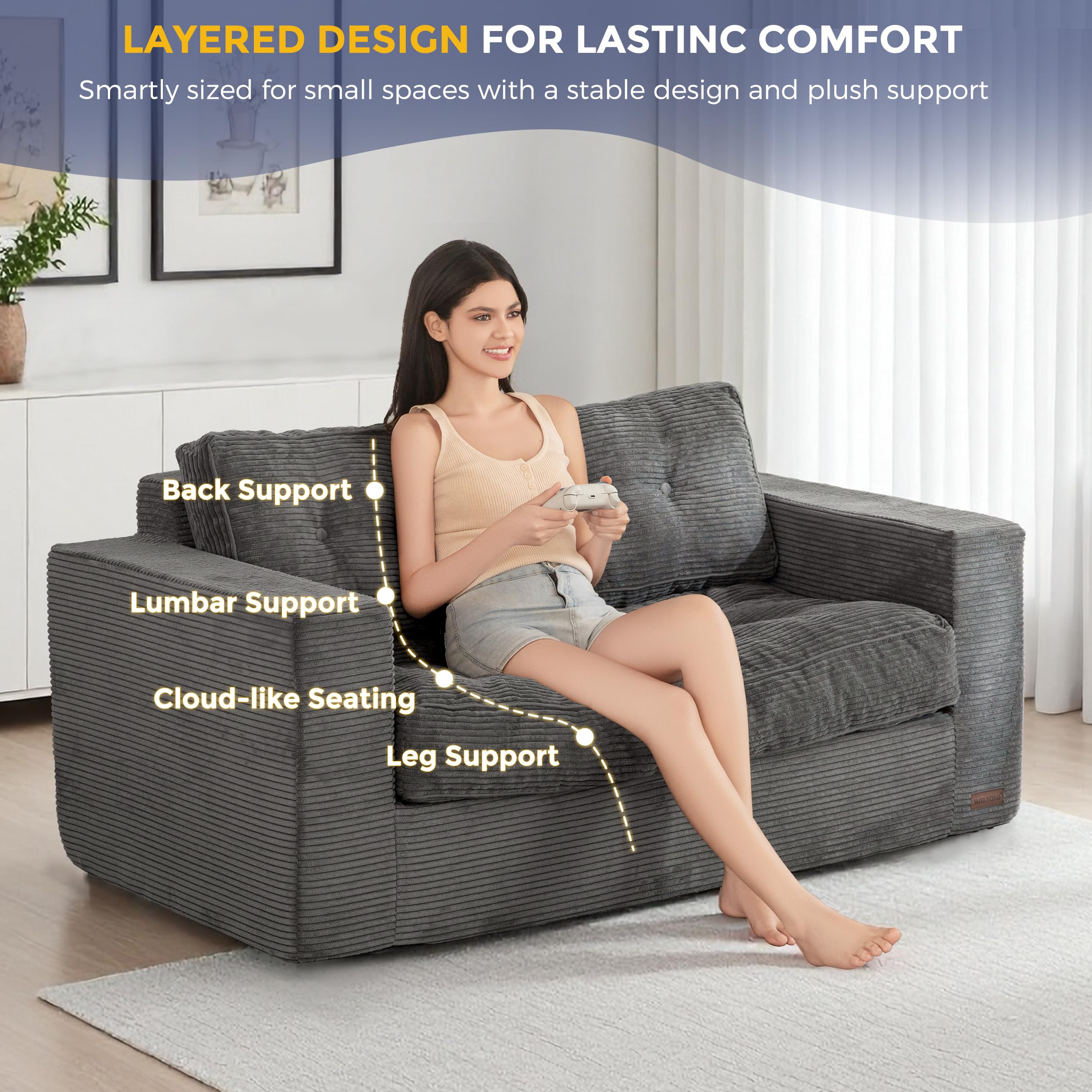 MAXYOYO 3 Seater Sofa Couch for Living Room, Tufted Boneless Couch Sofa Couch, Comfy Bubbled Bean Bag Chair for Apartment, No Assembly Needed, Beige