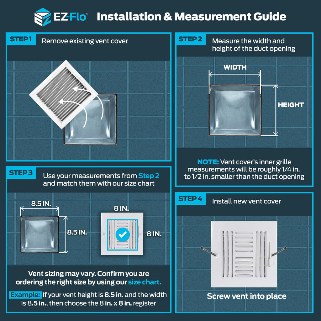 EZ-FLO 6 x 6 Inch (Duct Opening) Air Vent Cover for Wall or Ceiling, Four-Way Ventilation Register, Solid Steel HVAC Register Cover, White, 61617