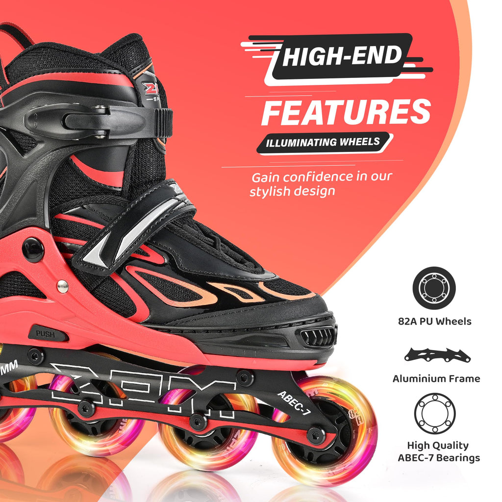 2PM SPORTS Vinal Girls Adjustable Flashing Inline Skates, All Wheels Light Up, Fun Illuminating Skates for Kids Men Adult Women and Boys