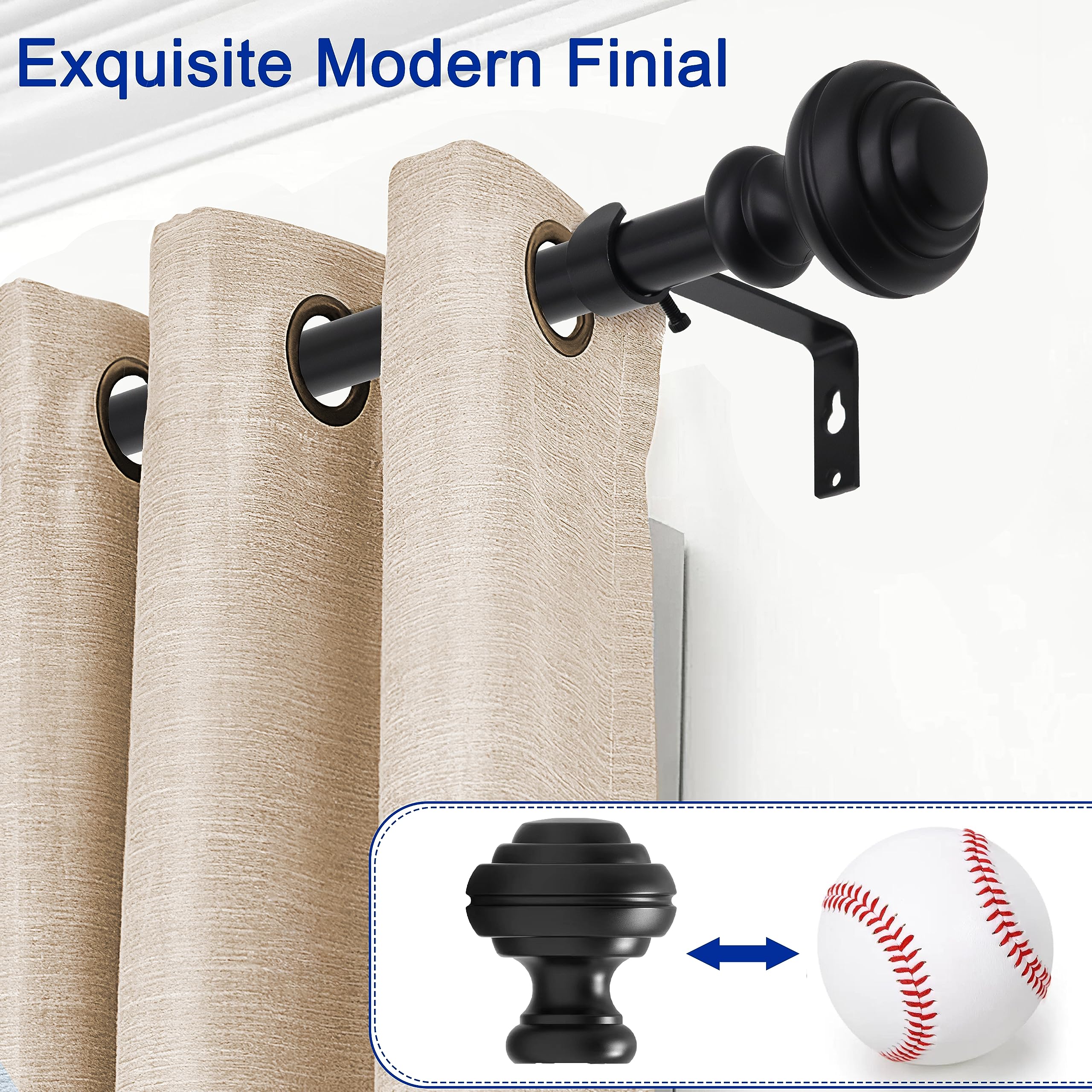 Curtain Rods for Windows 48-84 inch,3/4 inch Heavy Duty Adjustable Decorative Curtain Rod with Modern Finials,Window Rods for Bedroom, Living Room,Patio and Kitchen