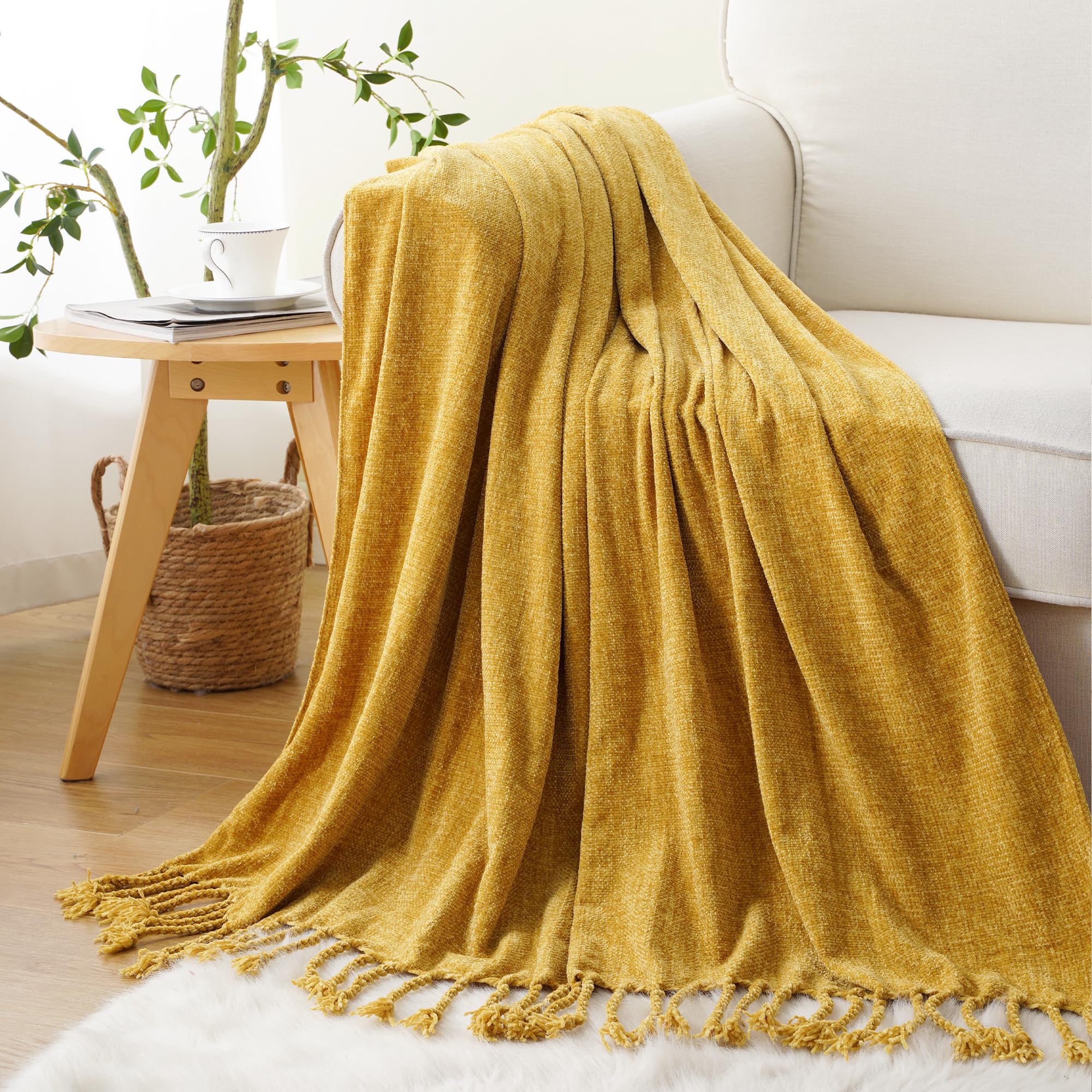 BATTILO HOME Beige Chenille Throw Blanket for Couch, Soft Cozy Textured Knit Throw Blanket with Handmade Fringe Tassels, Lightweight Decorative Farmhouse Blanket for Sofa Bed Chair, 50"x60"