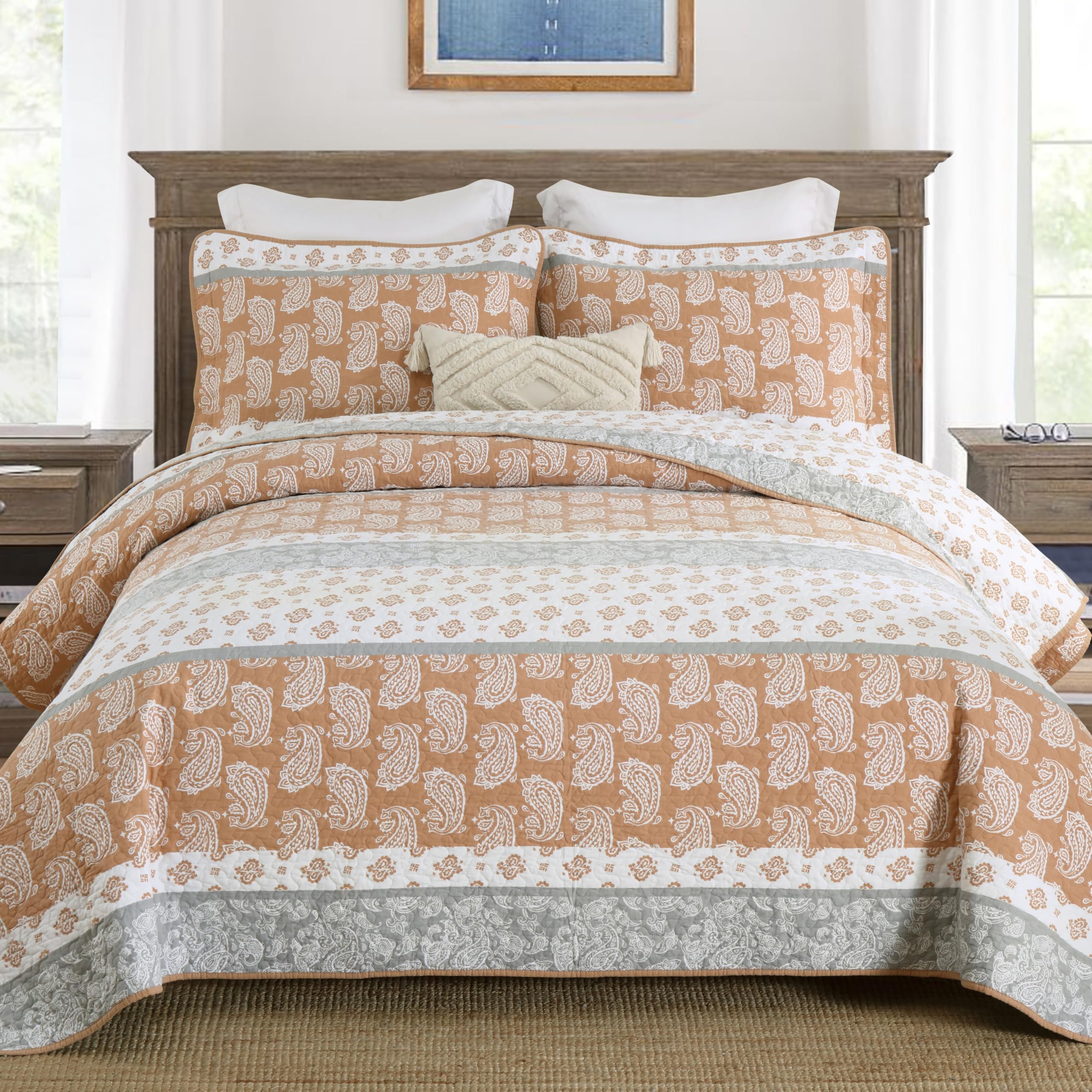 Yellow Quilts Queen Size, Paisley Comforter Set Queen Cotton Bed, Yellow Grey White Comforter, Striped Bedding Queen Size, Lightweight Luxury Bedspread,3 Piece