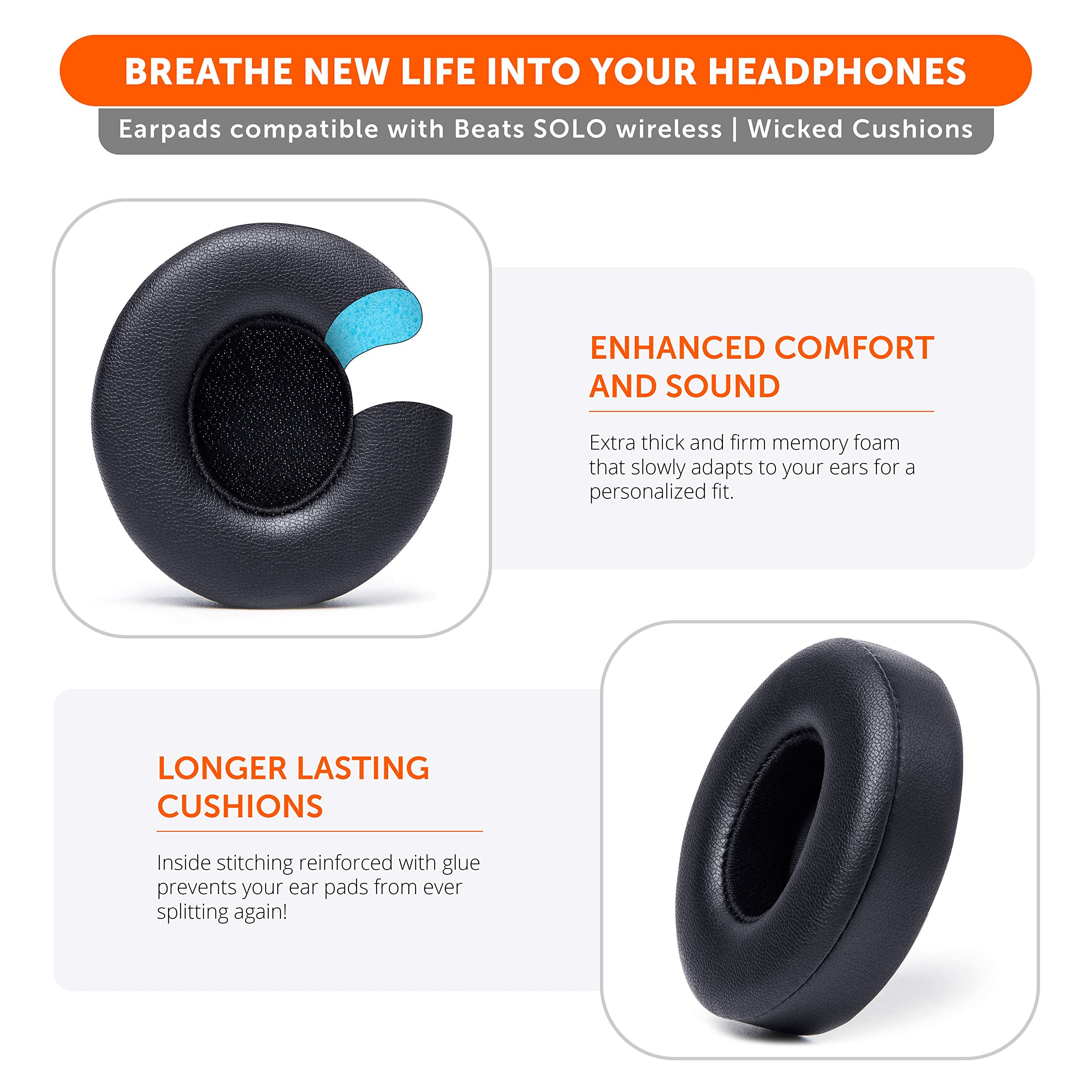WC Extra Thick Replacement Earpads for Beats Solo 2 & 3 by Wicked Cushions - Ear Pads for Beats Solo 2 & 3 Wireless ON-Ear Headphones - Soft Leather, Luxury Memory Foam, Strong Adhesive | 90's Black