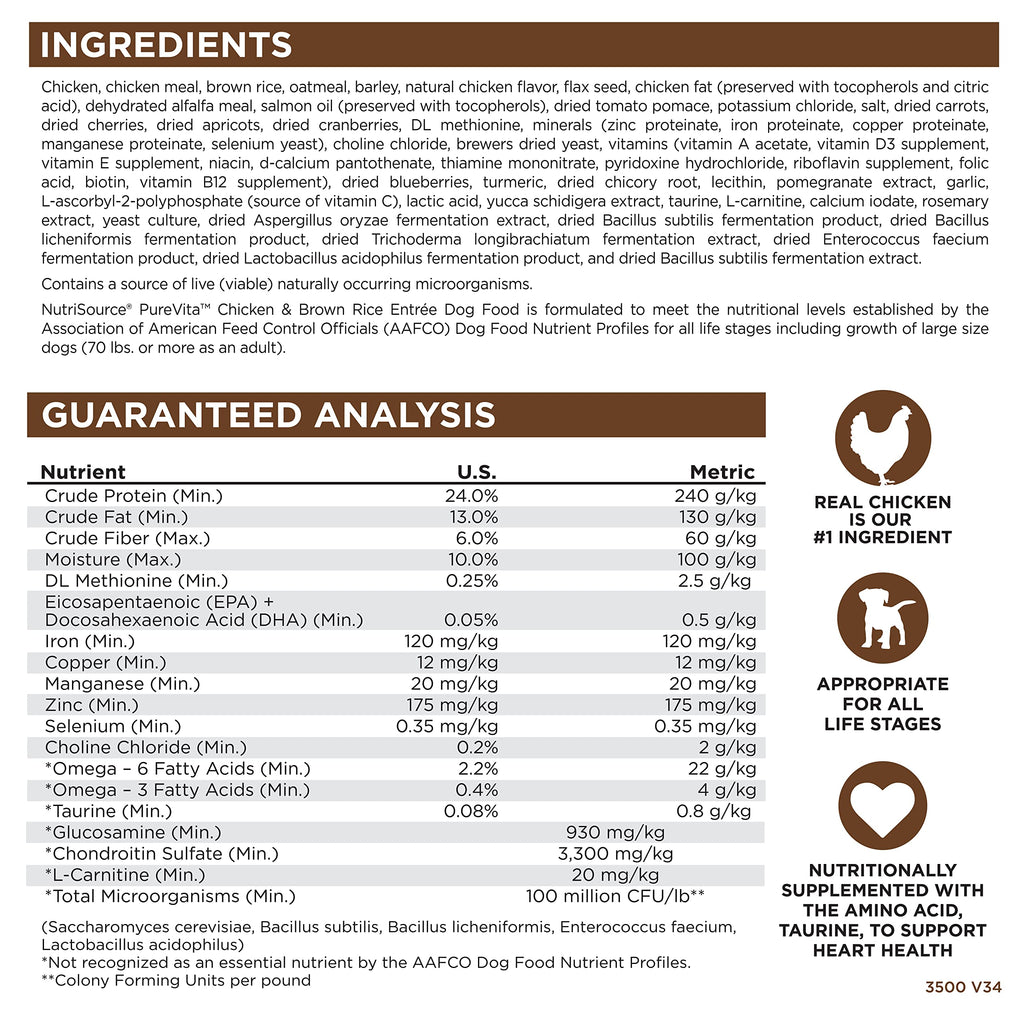 NutriSource Pure Vita Dry Dog Food, Chicken and Brown Rice, 12LB