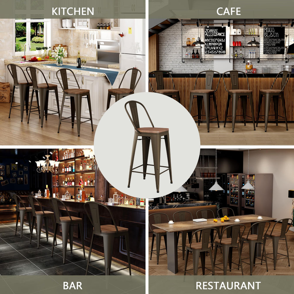 Barstools Set of 4 Counter Height Bar Stools for Kitchen Island Farmhouse Metal High Back Bar Chairs Wooden Seat 24" Matte Black