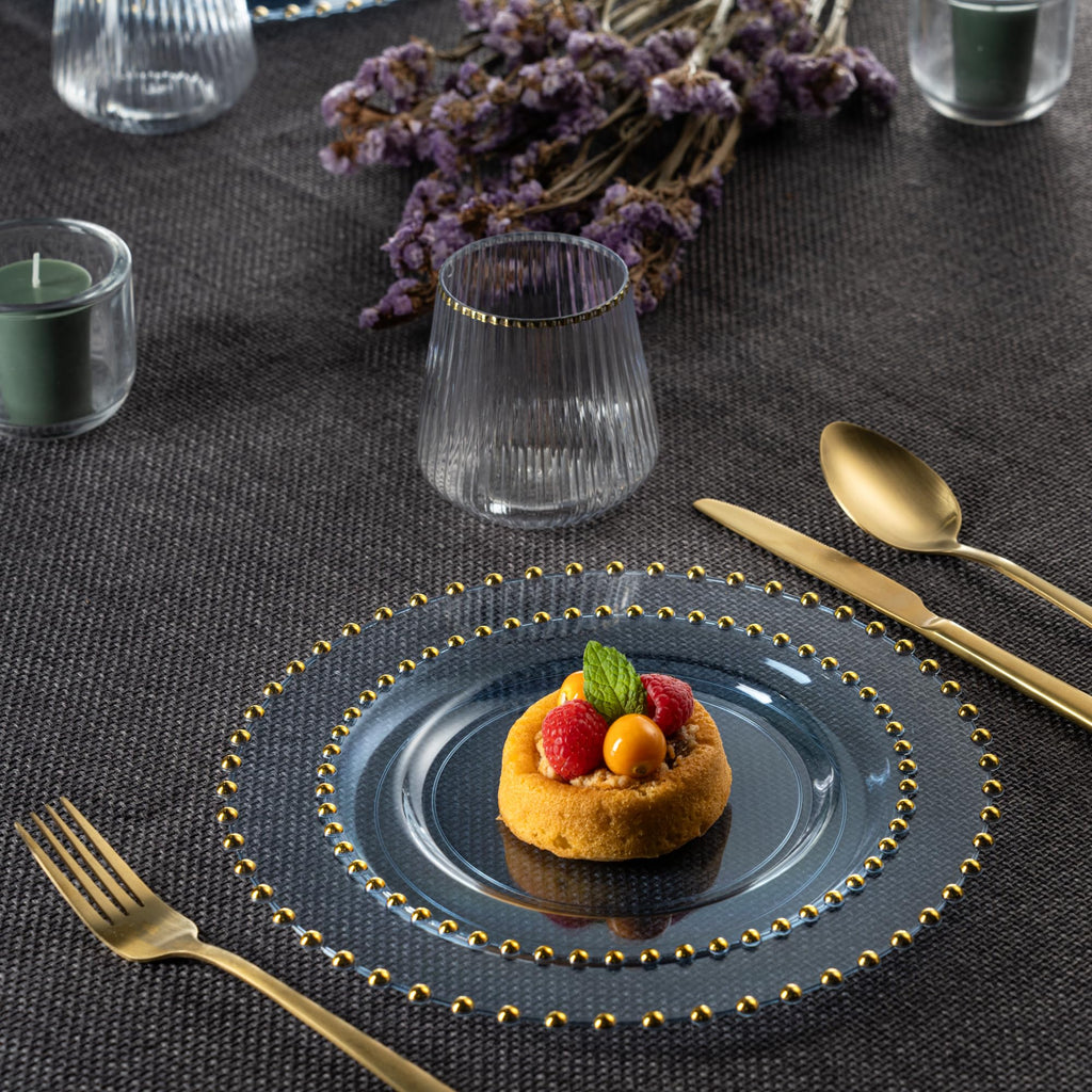 PLASTICPRO 32 Piece Combo Plastic Dinner Plates Disposable Plastic Fancy Heavy Duty Party Dishes 7 inch and 10 inch, Black and Gold Beaded