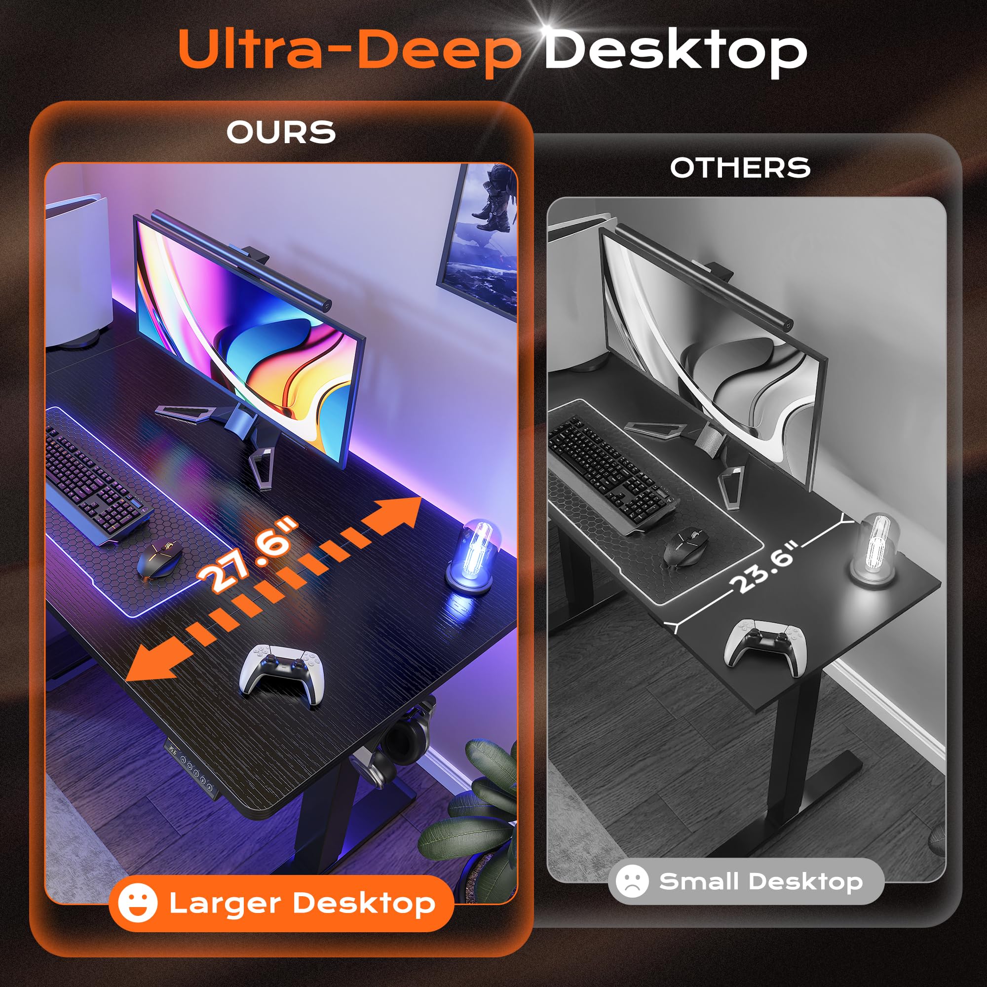 Huuger 48 x 28 Large Electric Standing Desk, Height Adjustable Desk, 27.6" Deep Desktop, Stand up Gaming, 2 Hooks, 3 Preset Heights, for Home Office, Black
