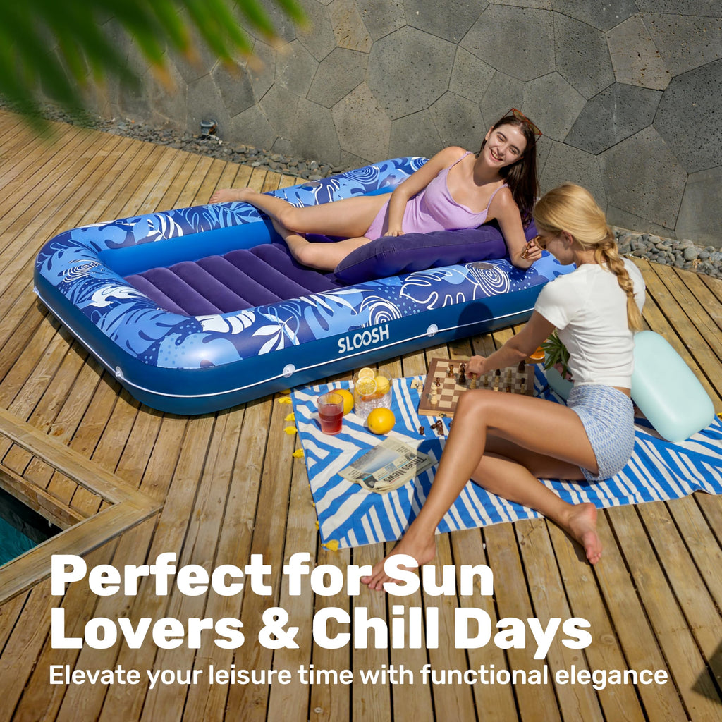 SLOOSH Inflatable Tanning Pool Lounger Float, 85" x 57" Extra Large Pool Floats Adult with Pillow, 4 in 1 Suntan Tub Raft Floatie,Sunbathing Bed Lounge for Water Blow Up Ball Pit Party Gifts, XL-Blue