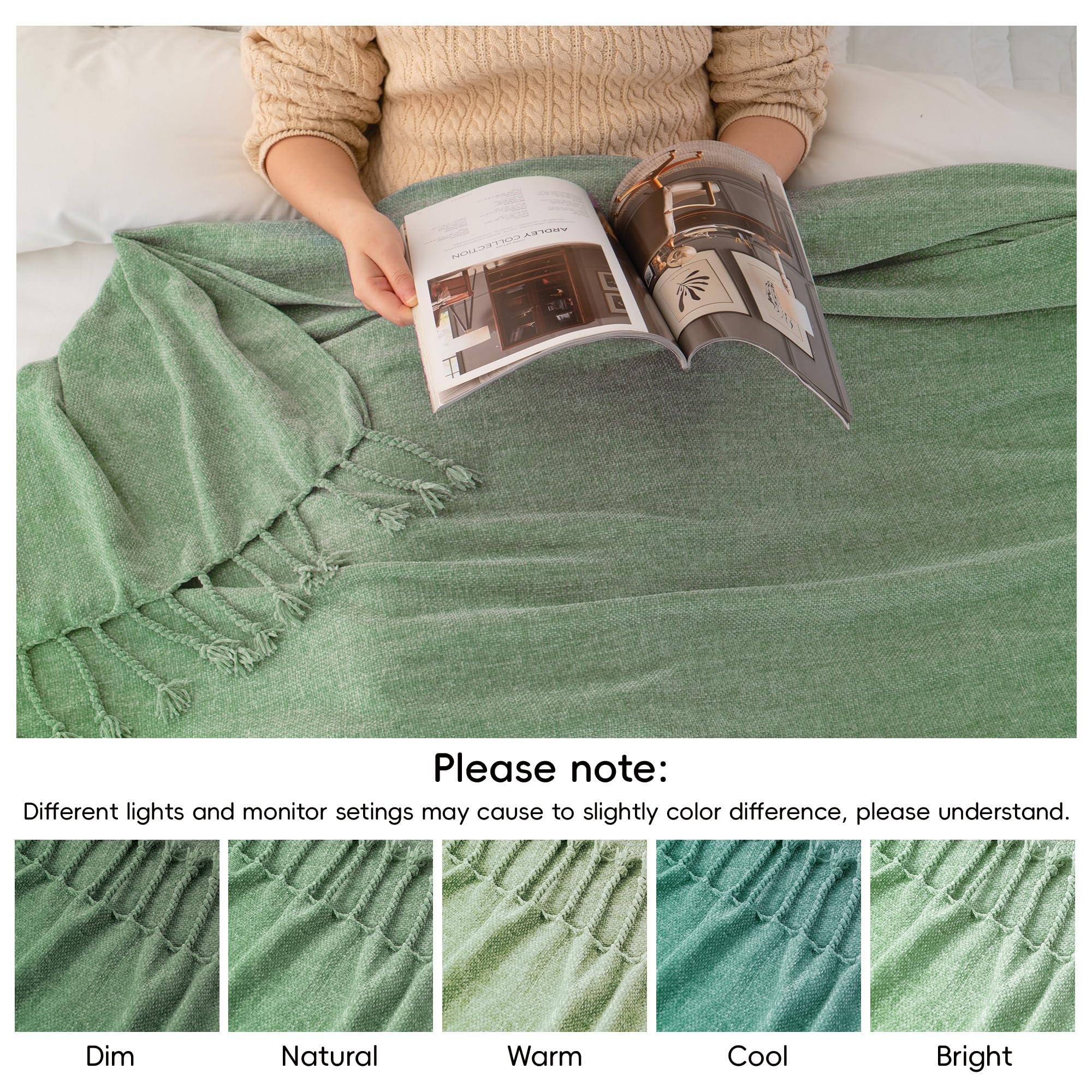 BATTILO HOME Beige Chenille Throw Blanket for Couch, Soft Cozy Textured Knit Throw Blanket with Handmade Fringe Tassels, Lightweight Decorative Farmhouse Blanket for Sofa Bed Chair, 50"x60"