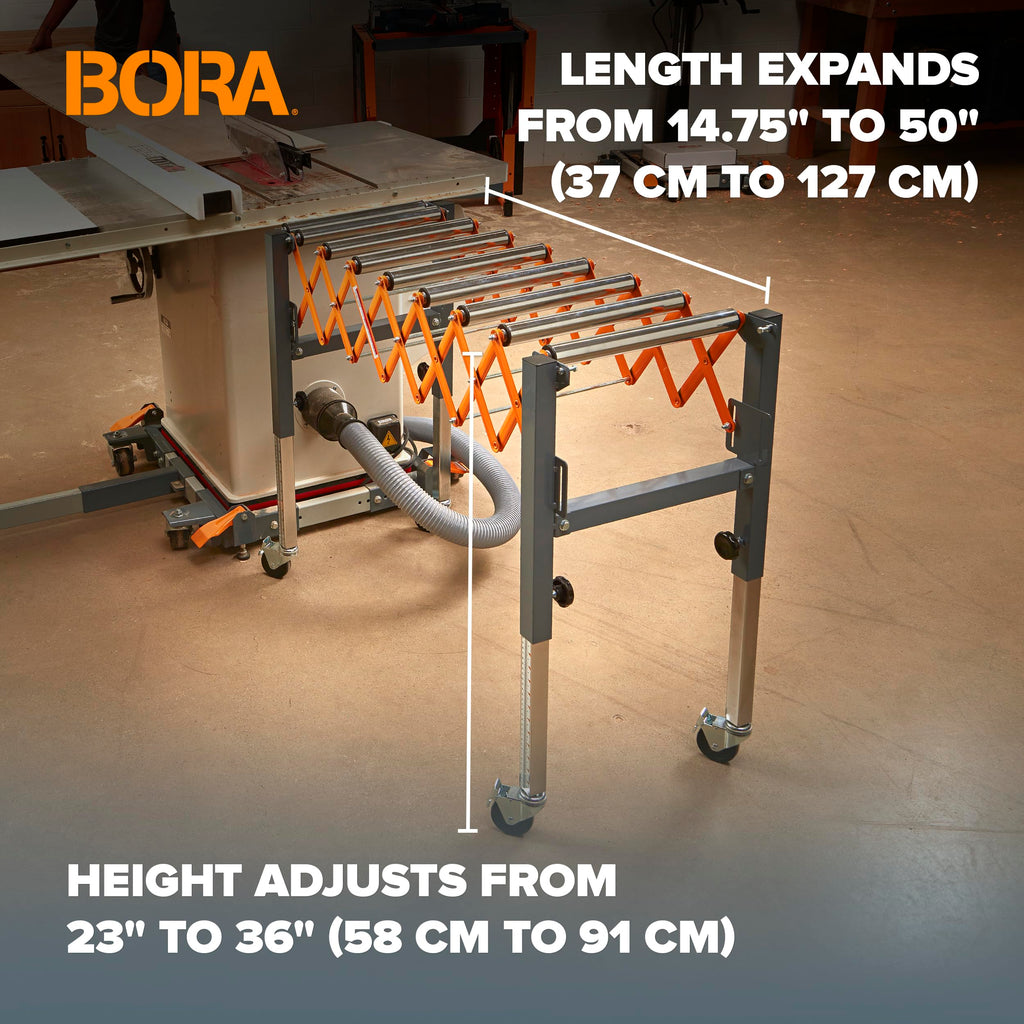 Bora Adjustable Conveyor Rollers Stand Expandable 14 to 50 Inch Table Saw Outfeed Roller for Woodworking 300 lbs Capacity Locking Casters PM-2700