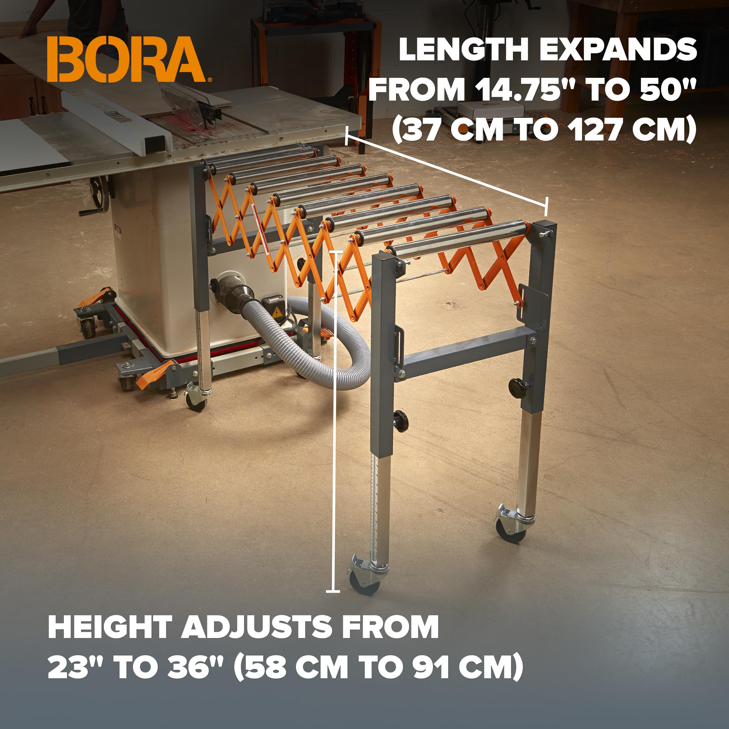 Bora Adjustable Conveyor Rollers Stand Expandable 14 to 50 Inch Table Saw Outfeed Roller for Woodworking 300 lbs Capacity Locking Casters PM-2700