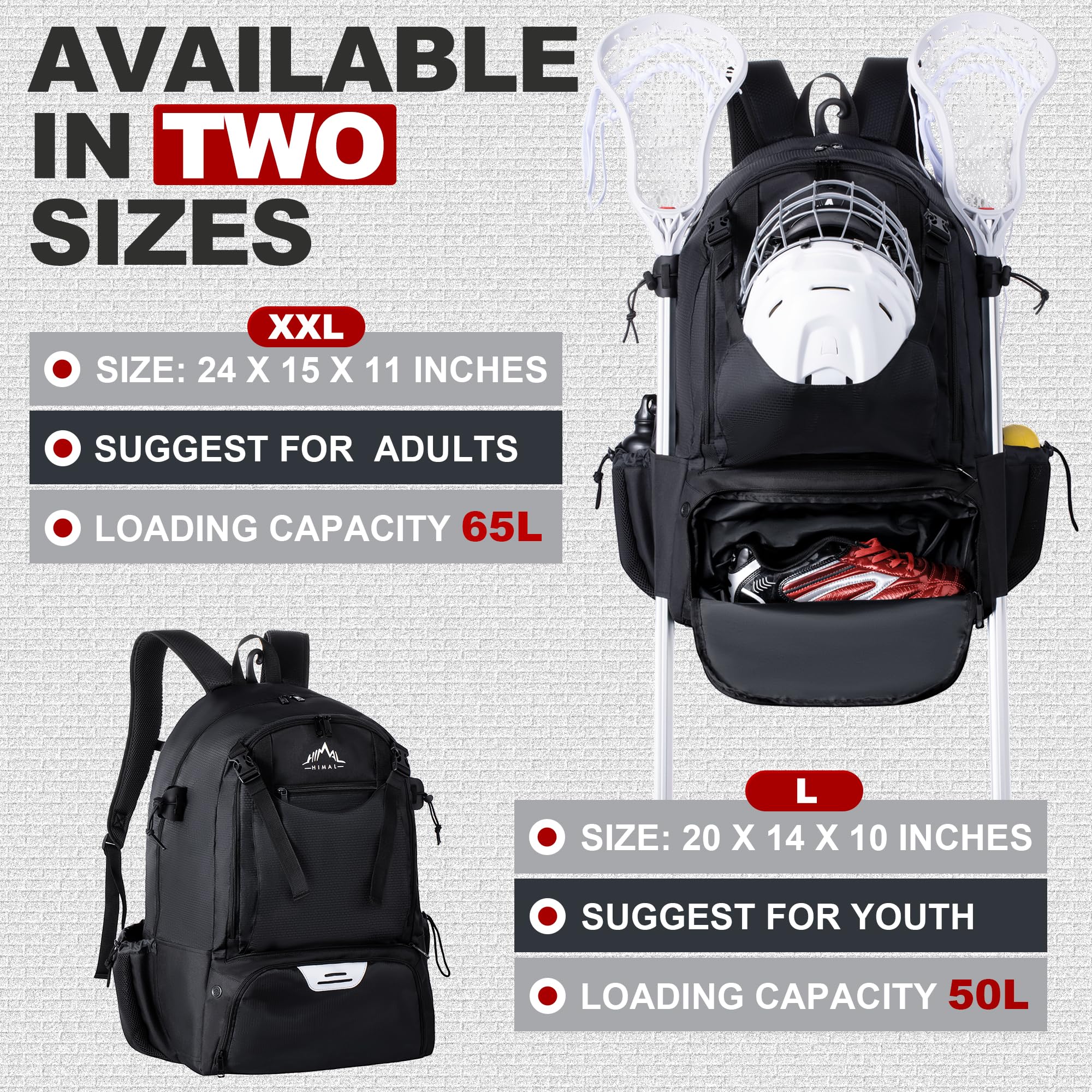 GoHimal Lacrosse Bag Extra Large Lacrosse Backpack with Tow Stick Holder