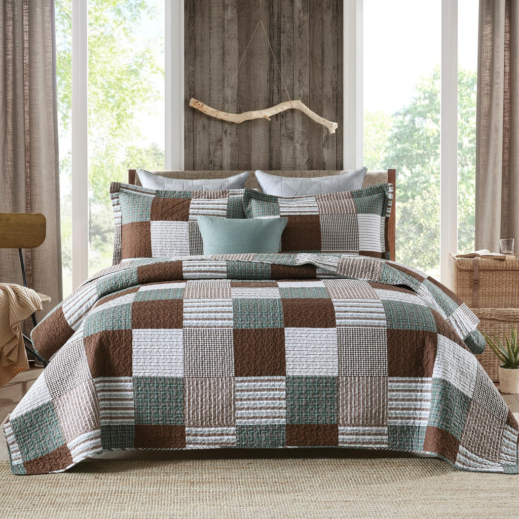 Y-PLWOMEN 100% Cotton Farmhouse Plaid Lightweight 3-Pieces Quilt Set (Blue Brown, Queen90 * 98 Inch)