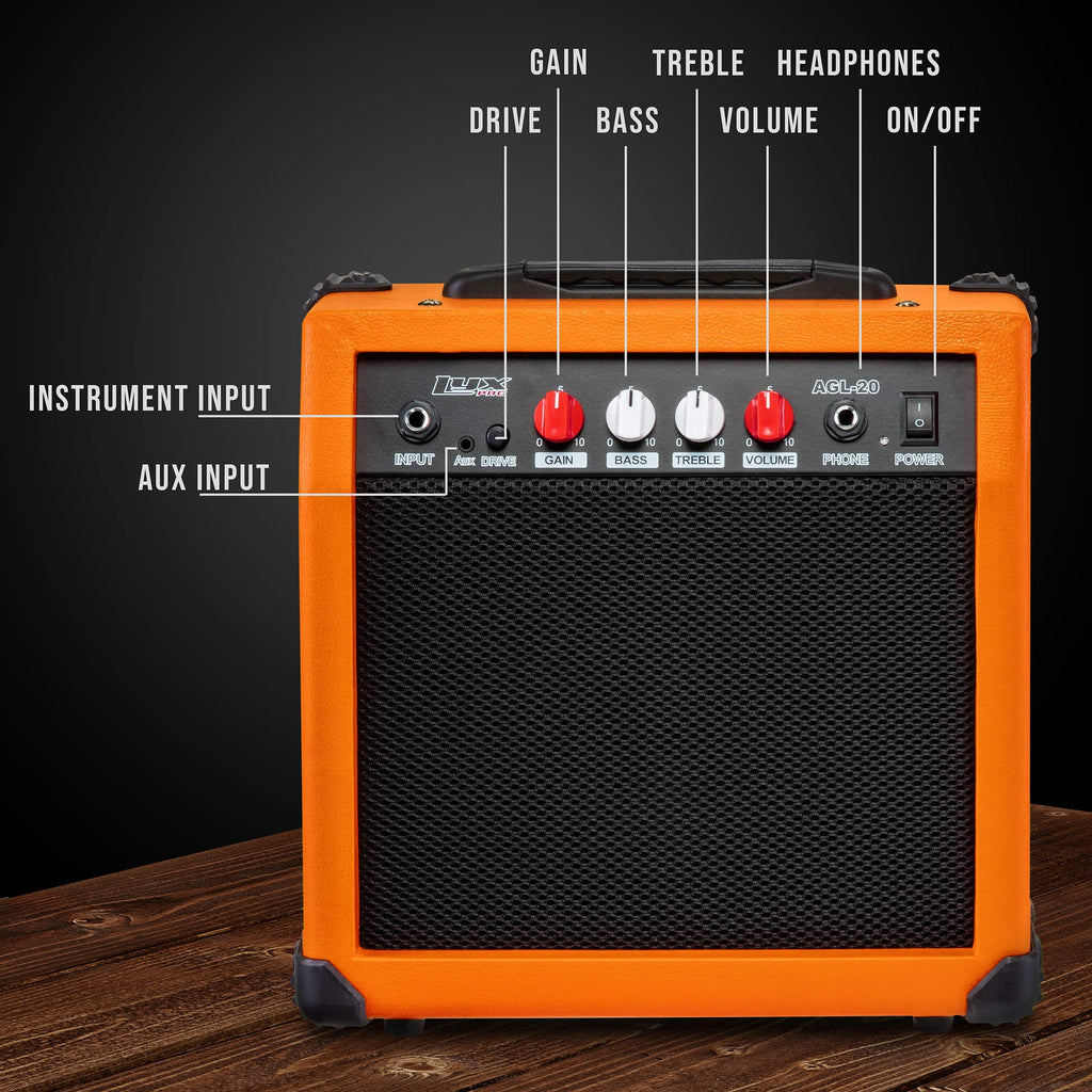 LyxPro Electric Guitar Amp 20 Watt Amplifier Built in Speaker Headphone Jack and Aux Input Includes Gain Bass Treble Volume and Grind - Black