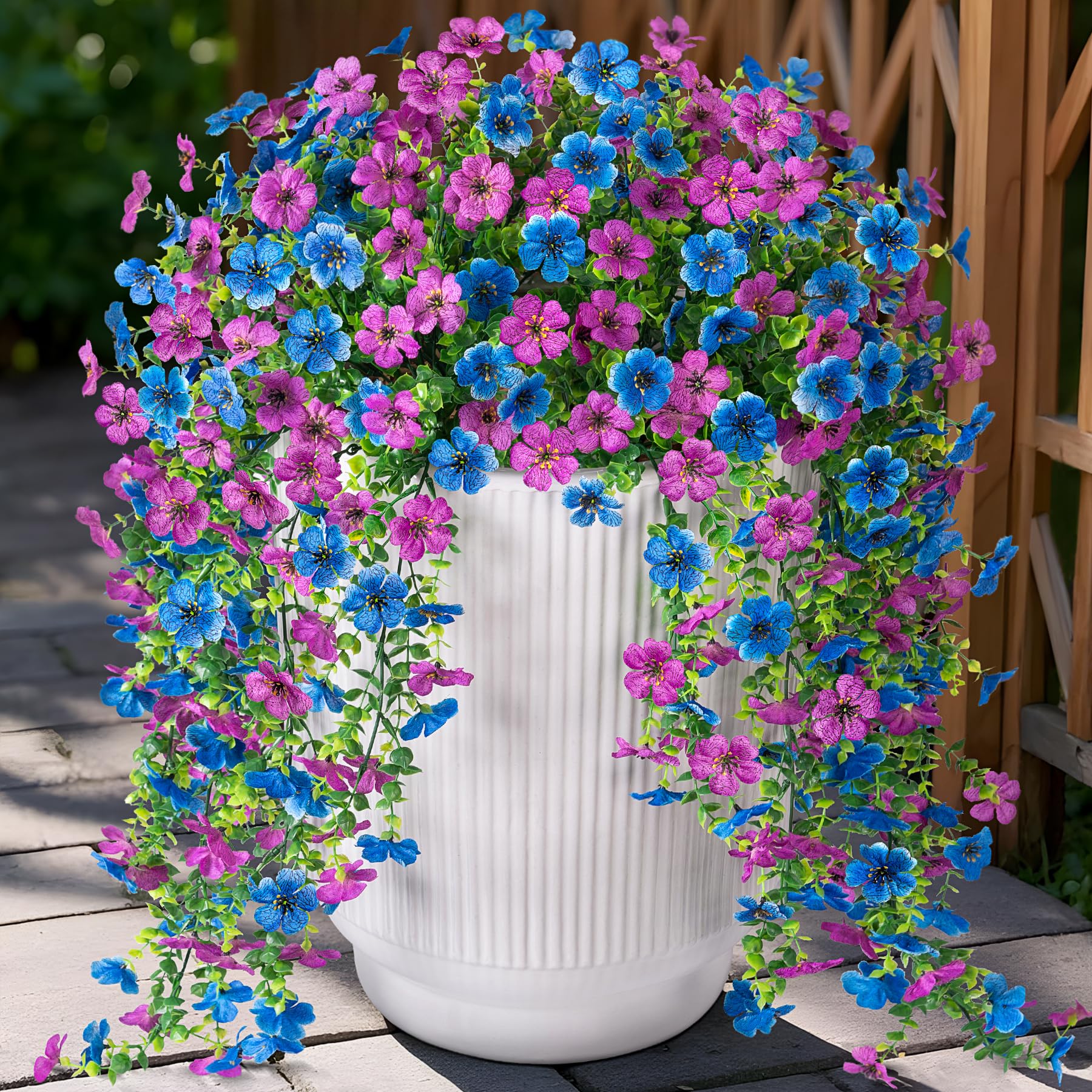 Ammyoo Artificial Hanging Flowers for Outdoors Faux Plants Spring Summer Decoration, 2 Pack Silk Colorful Daisy Realistic Fake Outdoor Flowers UV Resistant Porch Patio Window Yard Decor(Blue)