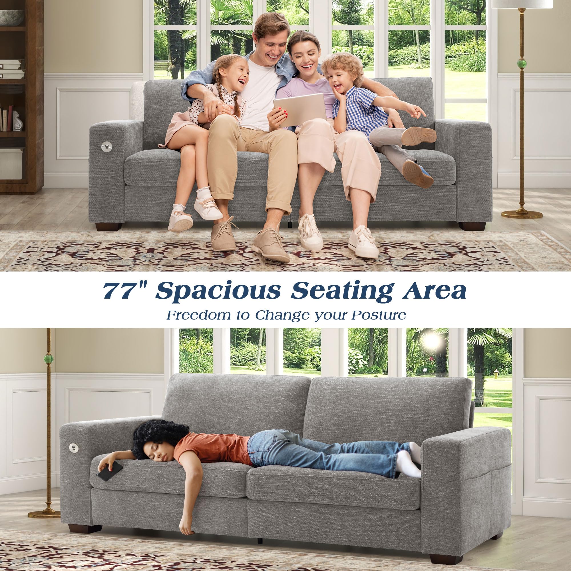 WorthFurni Sofas for Living Room, Chenille Loveseat Couch Set, Small Sofa, 3 Seater Sofa, USB Charging, Removable Sofa Cover,Solid Wood Frame, Easy to Install(70inch,Beige)