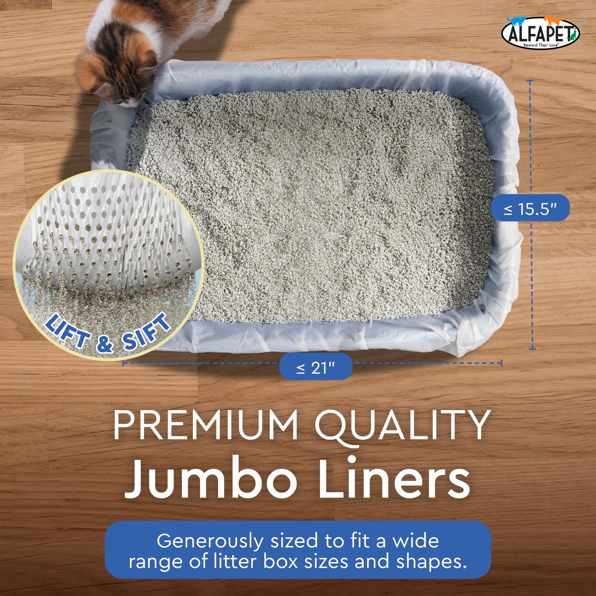 Alfapet Sifting Cat Litter Box Liners - Jumbo 15 Count, Pack of 5 - Tear-Resistant Cat Litter Bags, Waterproof Kitty Litter Liners, Fits Litterbox Pan Sizes X-Large, X-Giant, 37" x 18" 30 lb Capacity