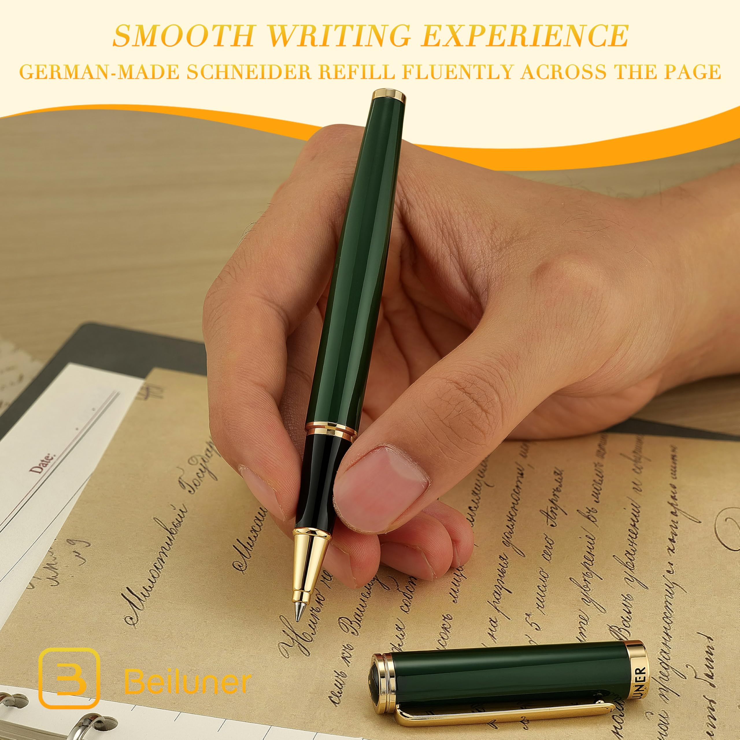 BEILUNER Luxury Rollerball Pen,24K Gold Trim,Noble and Elegant Designs,Schneider Ink Refill, Best Roller Ball Pen Gift Set for Men & Women, Professional, Executive Office, Nice Pens