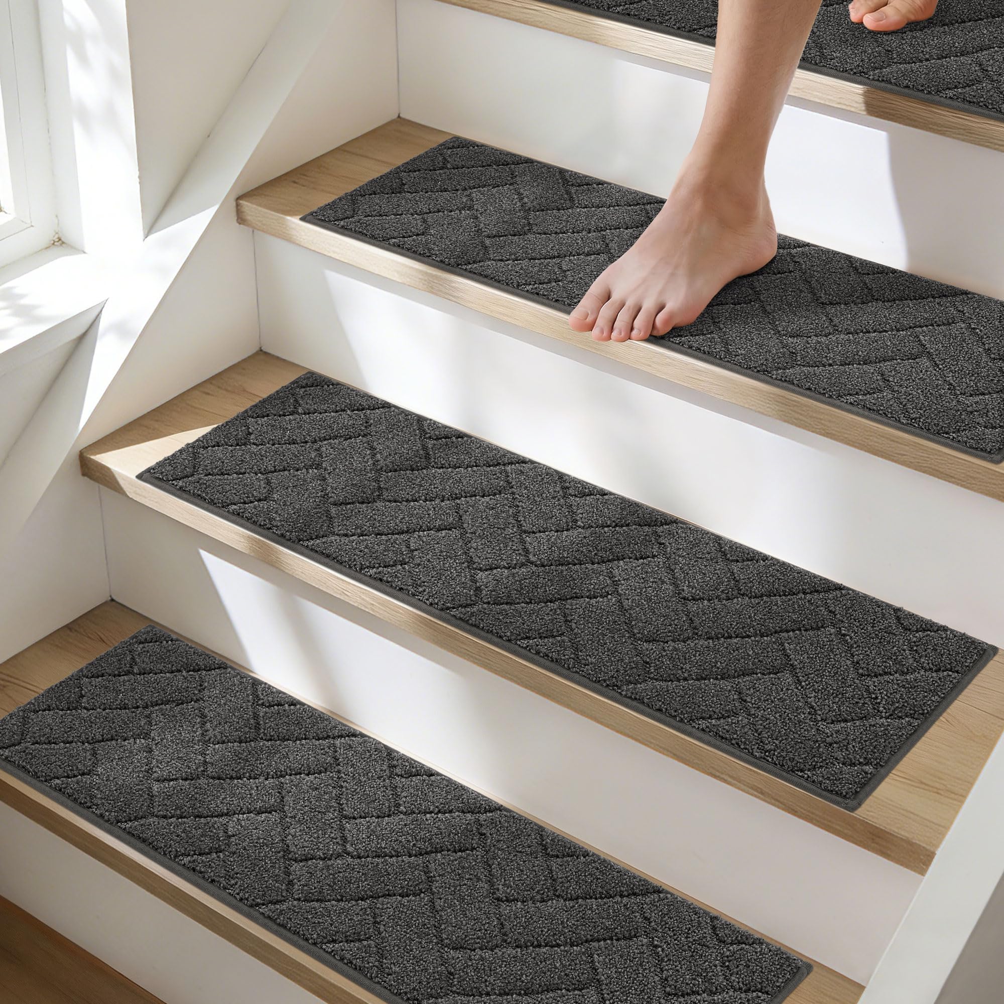 BEQHAUSE Stair Treads for Wooden Steps 28inX9in, Non Slip Carpet Stair Treads Indoor Stair Runners Machine Washable, Soft Stair Rugs Mat Surface Polyester TPE Backing, 4pcs, Beige