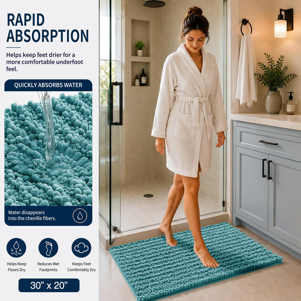 Yimobra Black Bathroom Rug Set 3 Piece - Super Absorbent Quick Dry Chenille Bath Mats & Toilet Rug, Non Slip Machine Washable, Extra Thick Shaggy Floor Mat for Shower Tub Sink