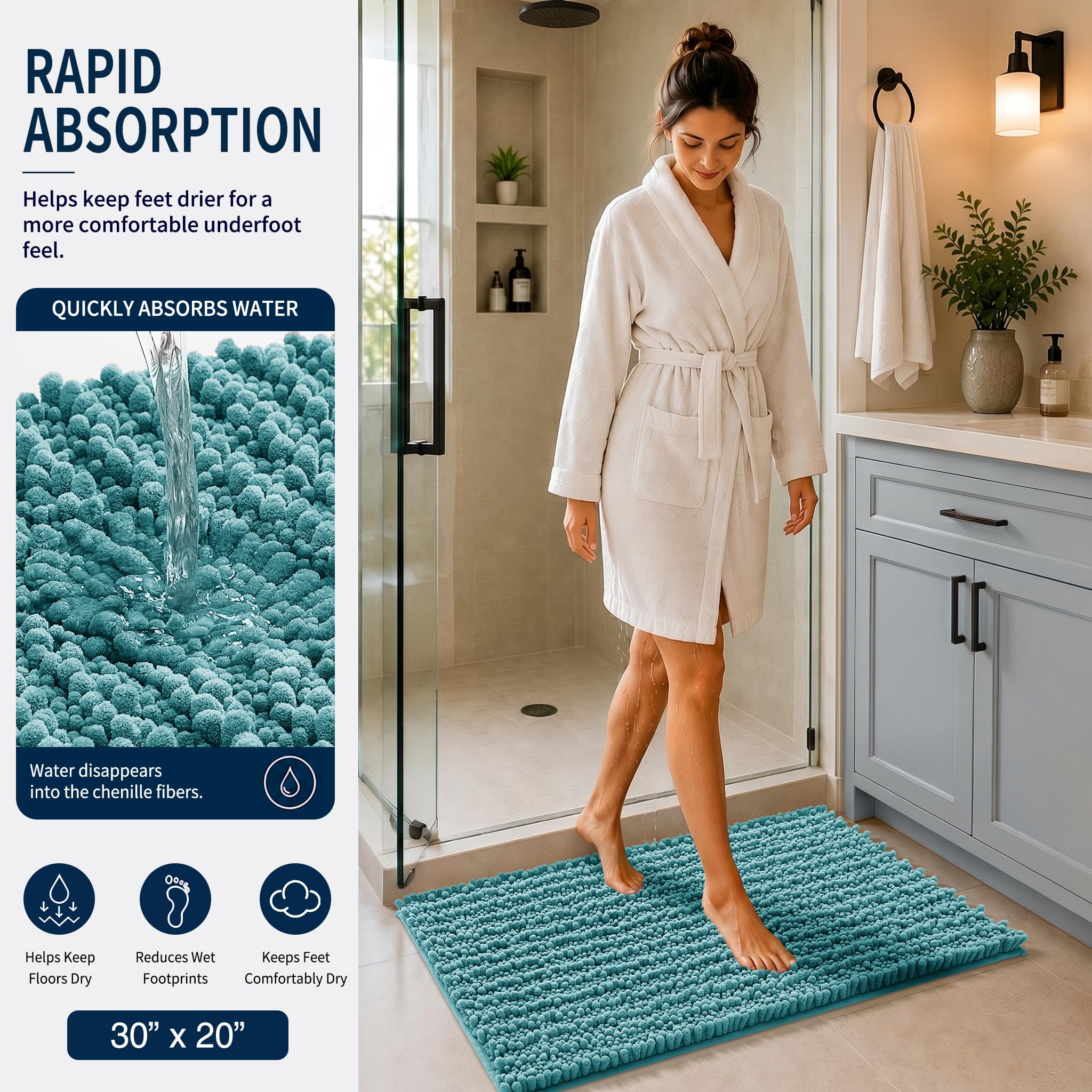 Yimobra Black Bathroom Rug Set 3 Piece - Super Absorbent Quick Dry Chenille Bath Mats & Toilet Rug, Non Slip Machine Washable, Extra Thick Shaggy Floor Mat for Shower Tub Sink