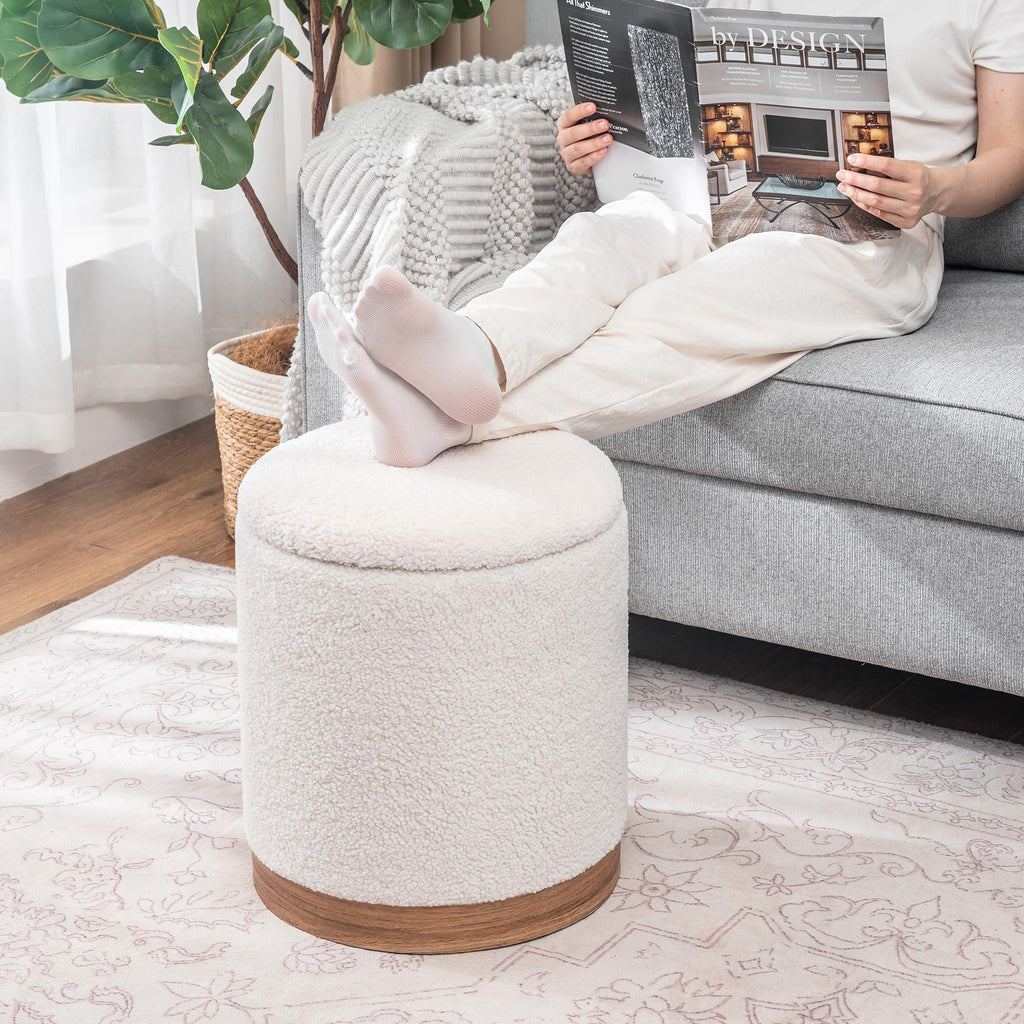Joveco Boucle Round Ottoman with Storage,Vanity Stool with Storage for Bedroom, Ottoman Coffee Table,Small Boucle Foot Stool for Living Room, Black with Gold Plating
