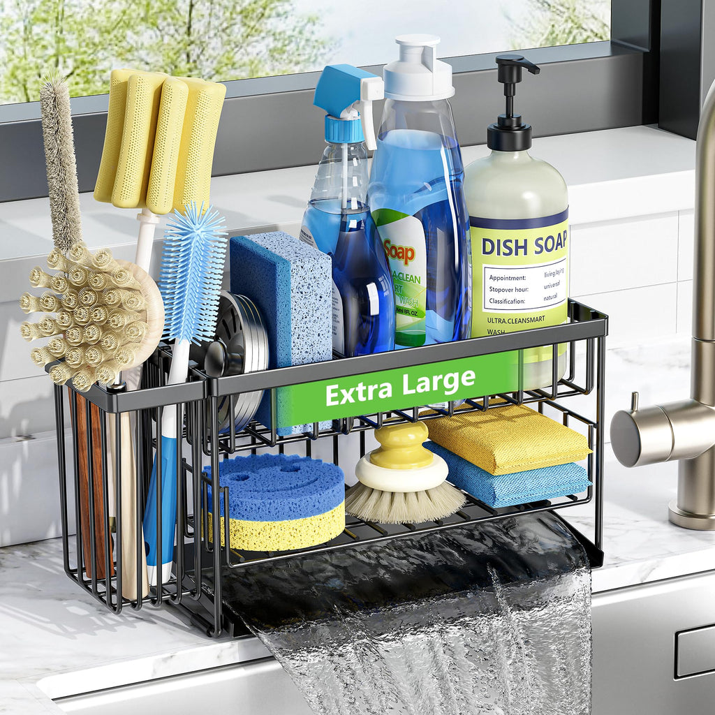 Cisily 2-Tier Kitchen Sink Caddy Organzier Rack with Dish Brush Sponge Holder | Kitchen Sink Countertop Organization Storage,Home Decor Accessories Essentials Stainless Steel
