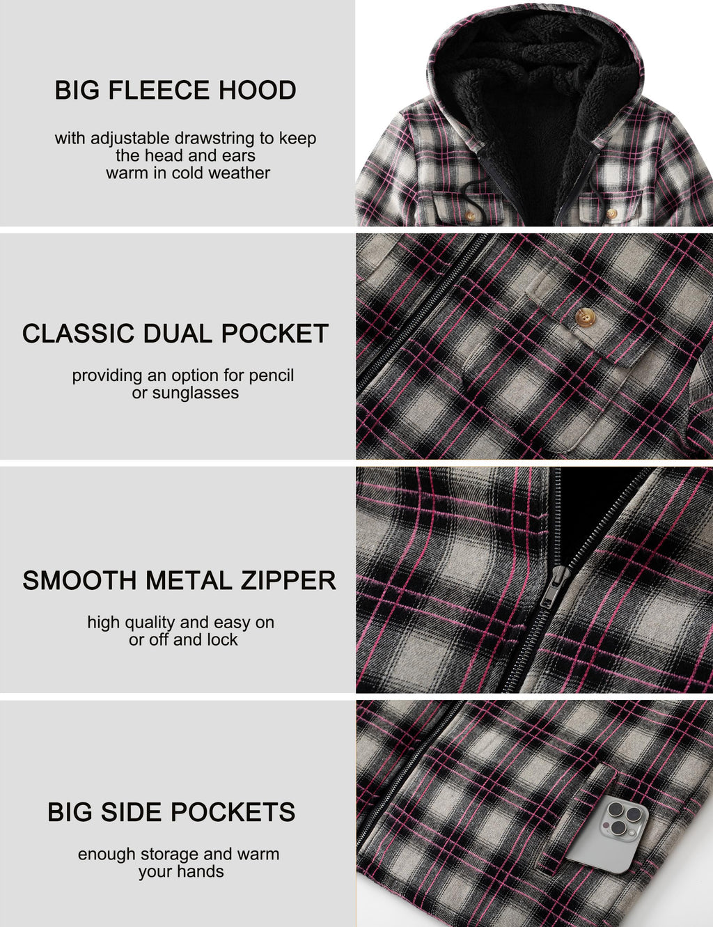 Men's Flannel Plaid Hooded Jackets Full Zip Sherpa Fleece Lined Hoodies Fashion Warm Coat