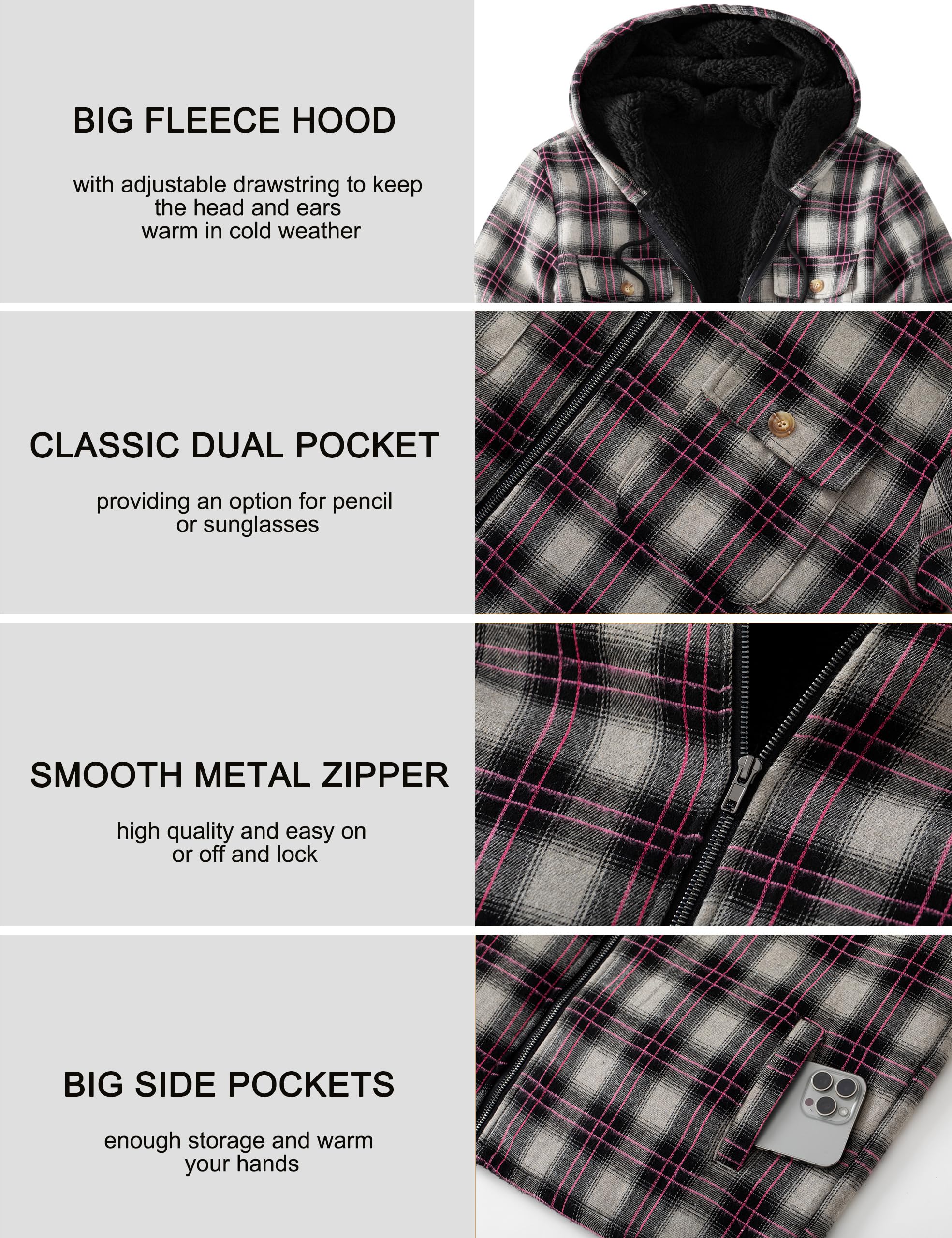 Men's Flannel Plaid Hooded Jackets Full Zip Sherpa Fleece Lined Hoodies Fashion Warm Coat