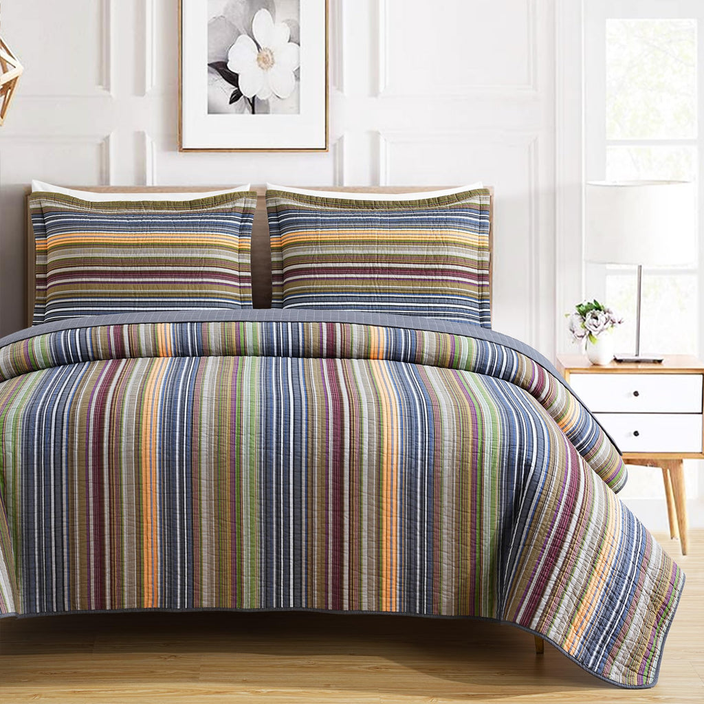Chezmoi Collection Avery Striped Cotton Quilt Set Twin Size, 2-Piece Soft Pre-Washed 100% Cotton Quilt, Multi-Color Brown