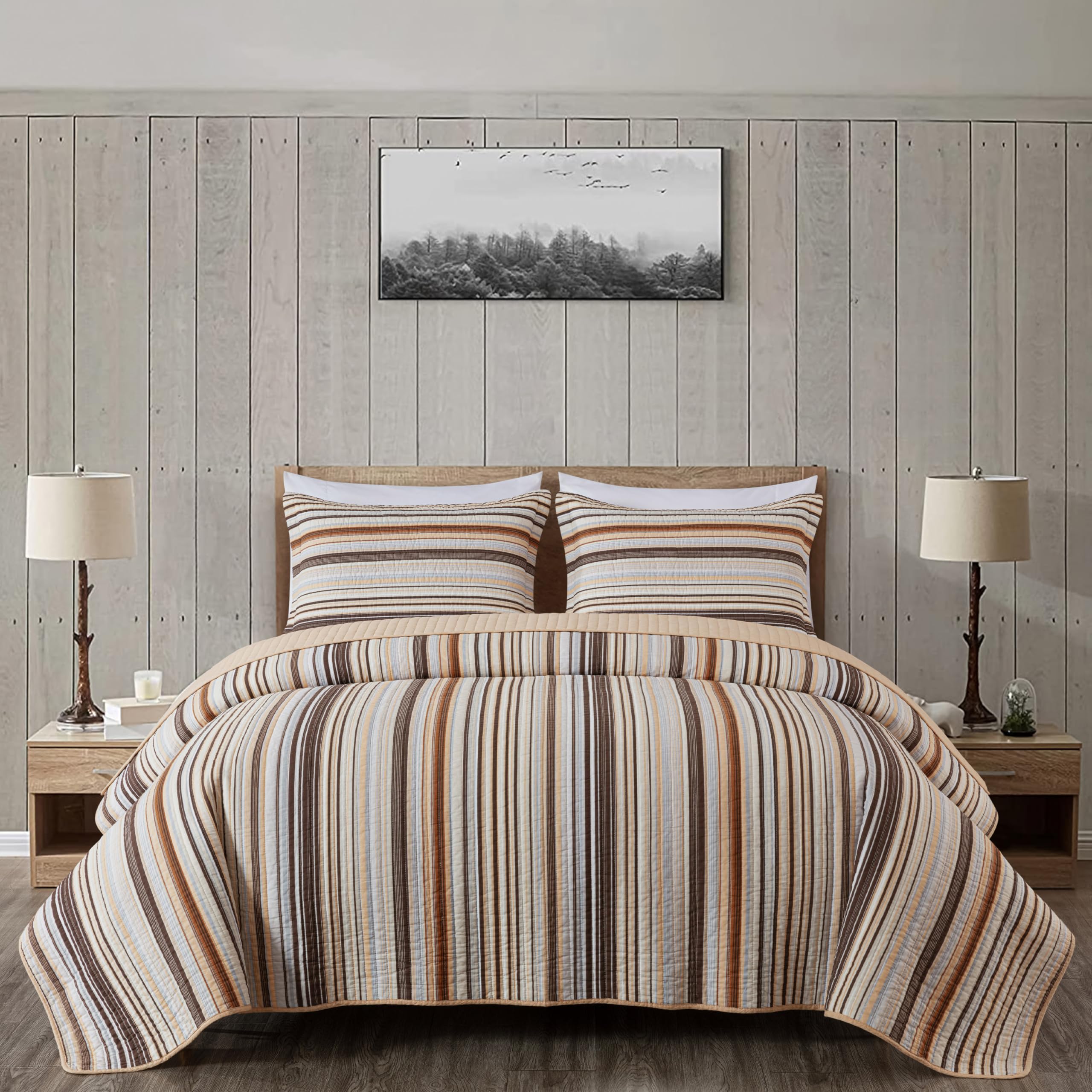 Chezmoi Collection Avery Striped Cotton Quilt Set Twin Size, 2-Piece Soft Pre-Washed 100% Cotton Quilt, Multi-Color Brown