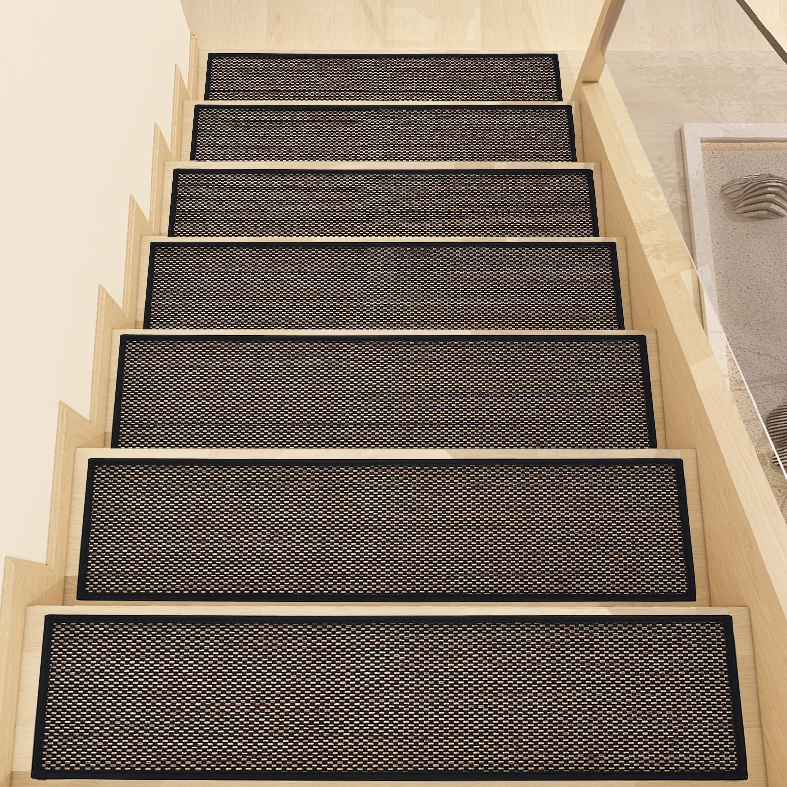 Non Slip Stair Treads for Wooden Steps, Square Rubber Backing Non Slip Stair Landing Mat, Thicken Linen Carpet Stair Runners Indoor, No Residue Stair Carpet Treads, 29"x29", Beige
