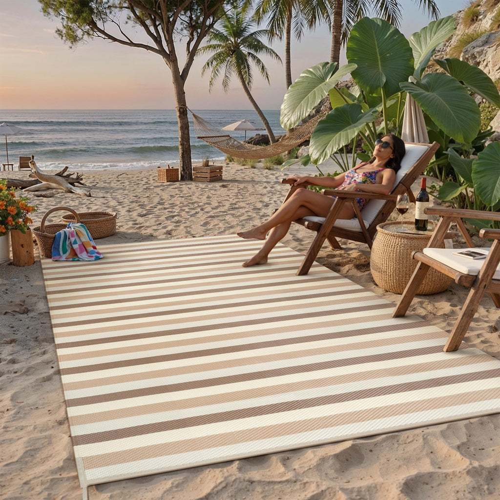 PureCozy Outdoor Plastic Straw Rug Black Beige Large Outside Waterproof Outdoor Patio 5x8 Carpet Geometric Reversible Mat Modern for Camping RV Porch Deck Balcony Beach