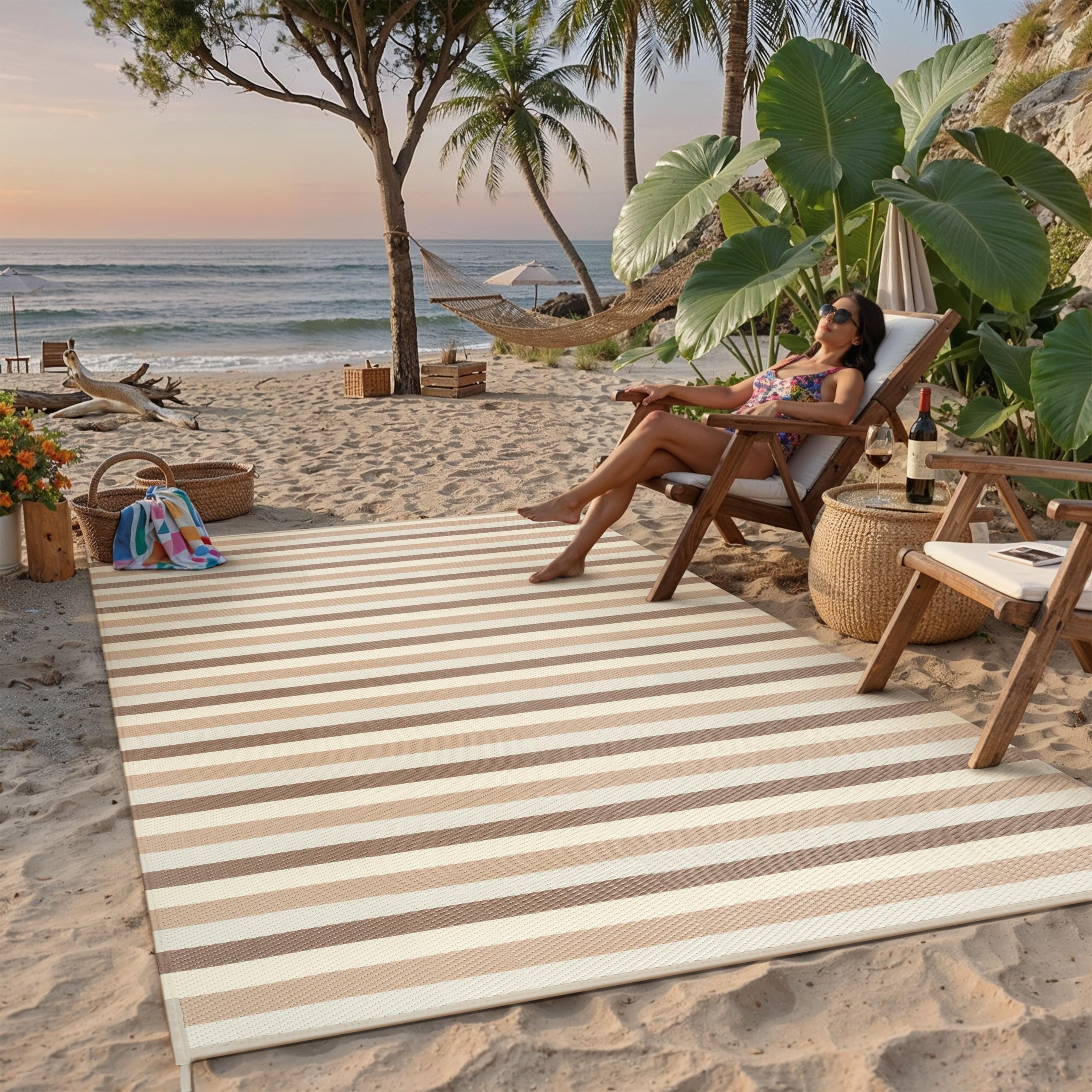 PureCozy Outdoor Plastic Straw Rug Black Beige Large Outside Waterproof Outdoor Patio 5x8 Carpet Geometric Reversible Mat Modern for Camping RV Porch Deck Balcony Beach