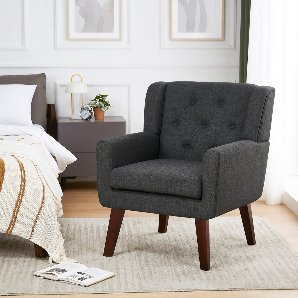 Living&Giving Accent Chair Button-Tufted Upholstered Living Room Chairs Comfy Reading Mid Century Modern with Linen Fabric Lounge Arm for Bedroom (Beige) 29.33D x 28.94W x 34.65H Inch