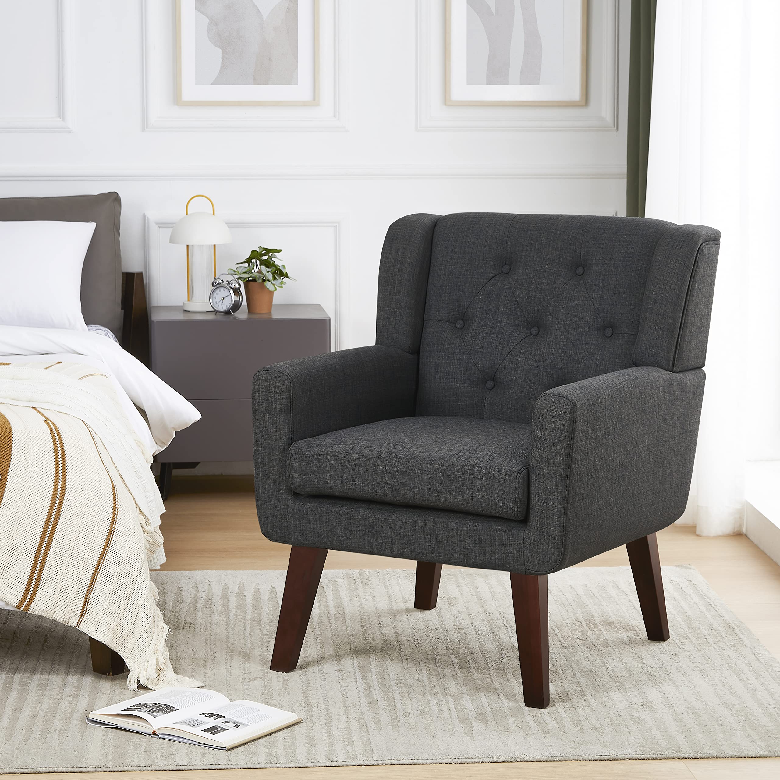 Living&Giving Accent Chair Button-Tufted Upholstered Living Room Chairs Comfy Reading Mid Century Modern with Linen Fabric Lounge Arm for Bedroom (Beige) 29.33D x 28.94W x 34.65H Inch