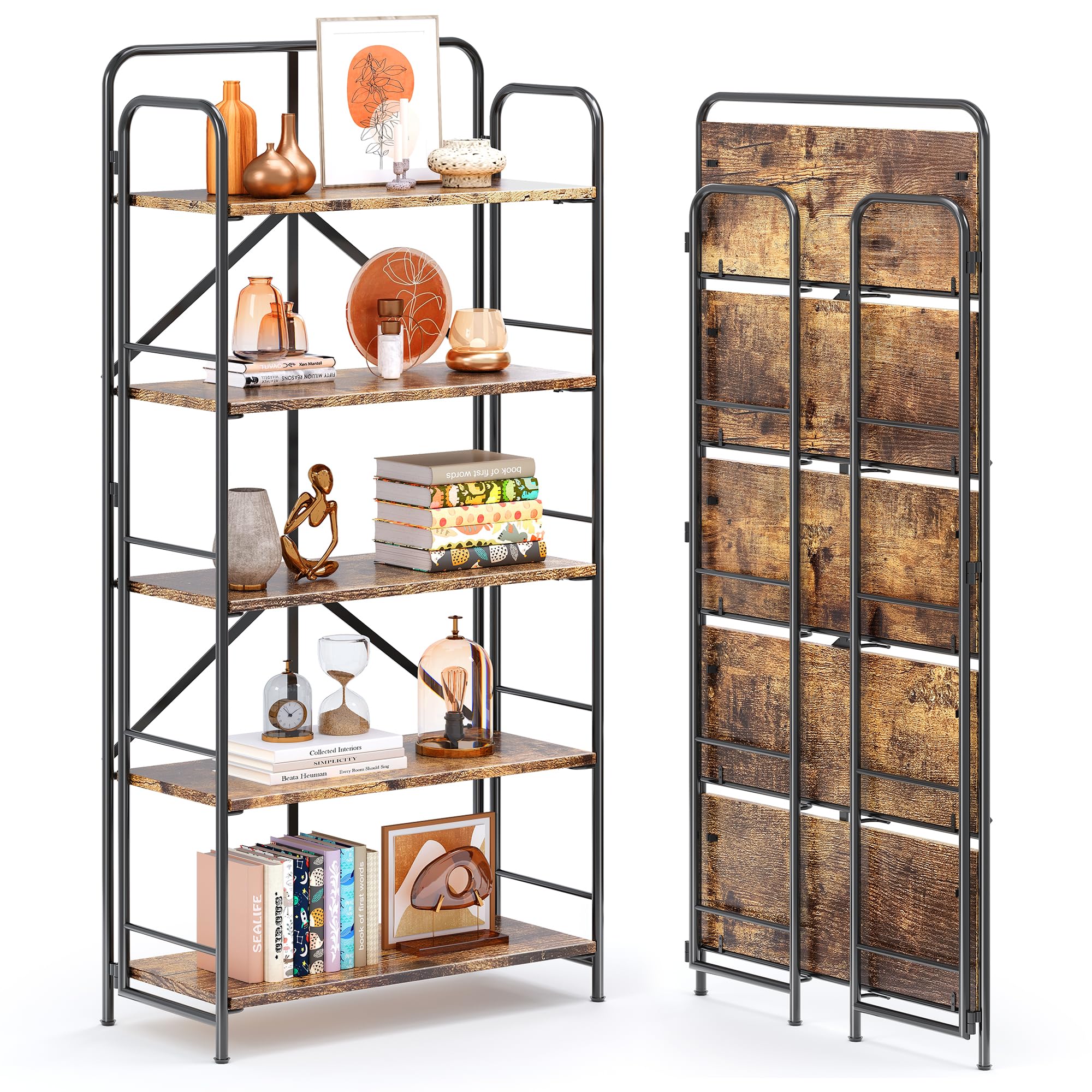4NM No Assembly Folding Bookshelf, 3 Tiers Collapsible Book Shelves Open Industrial Foldable Storage Bookcase Shelf for Bedroom, Living Room, Home Office - Natural and White