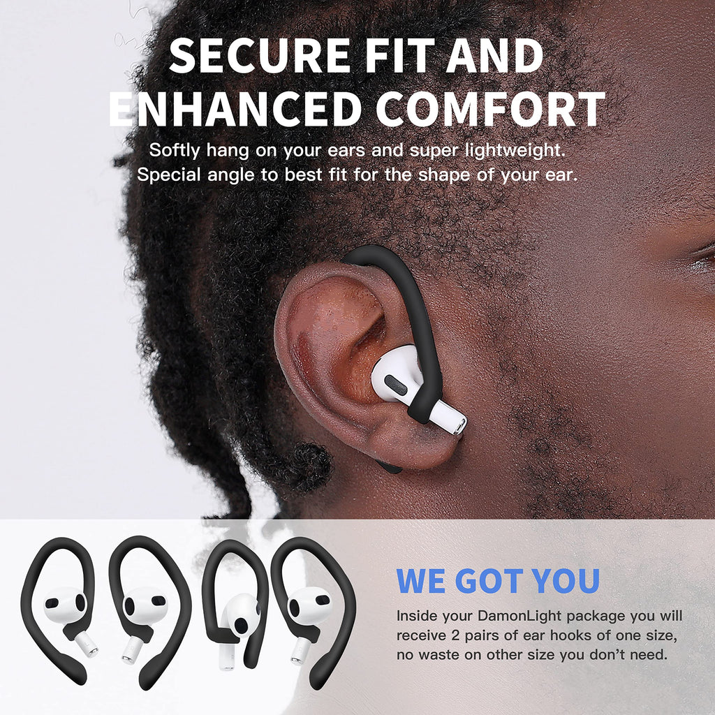 Ear Hooks 2 Pairs for AirPods Pro 2 & 1, AirPods 4 & 3, Anti-Slip Comfortable Fit, Ergonomic Design, Accessories (Small, Black)