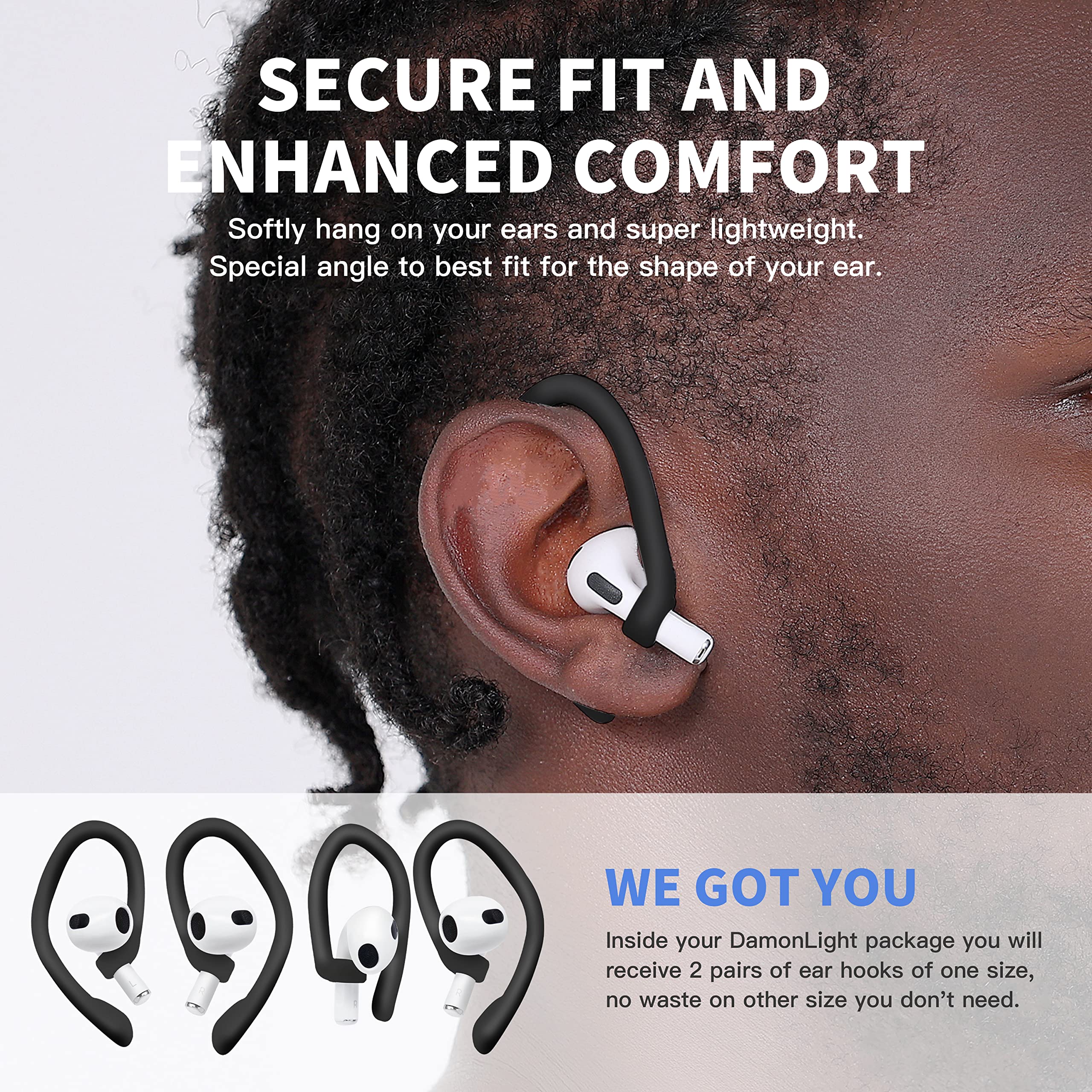 Ear Hooks 2 Pairs for AirPods Pro 2 & 1, AirPods 4 & 3, Anti-Slip Comfortable Fit, Ergonomic Design, Accessories (Small, Black)