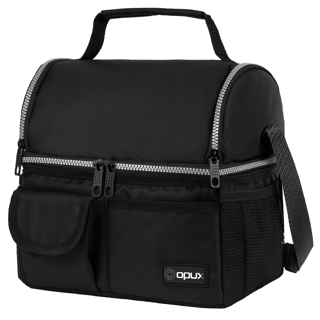 opux Insulated Lunch Bag Women Men, Dual Compartment Leakproof Lunch Box Adults Kids, Double Decker Meal Prep Bento Lunch Cooler Tote with Shoulder Strap for Work Office School Travel, Black